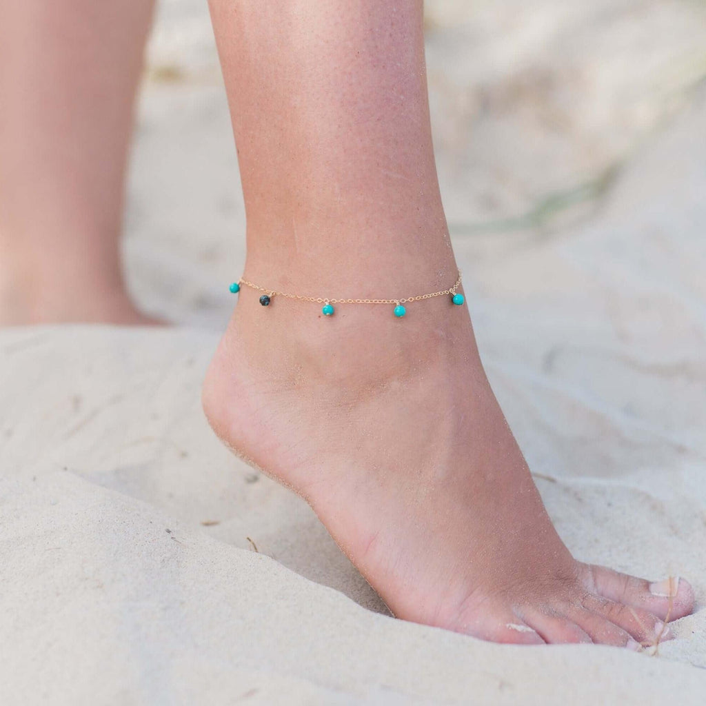 Boho Turquoise Bead Drop Anklet - Boho Turquoise Bead Drop Anklet - Sterling Silver - Luna Tide Handmade Crystal Jewellery