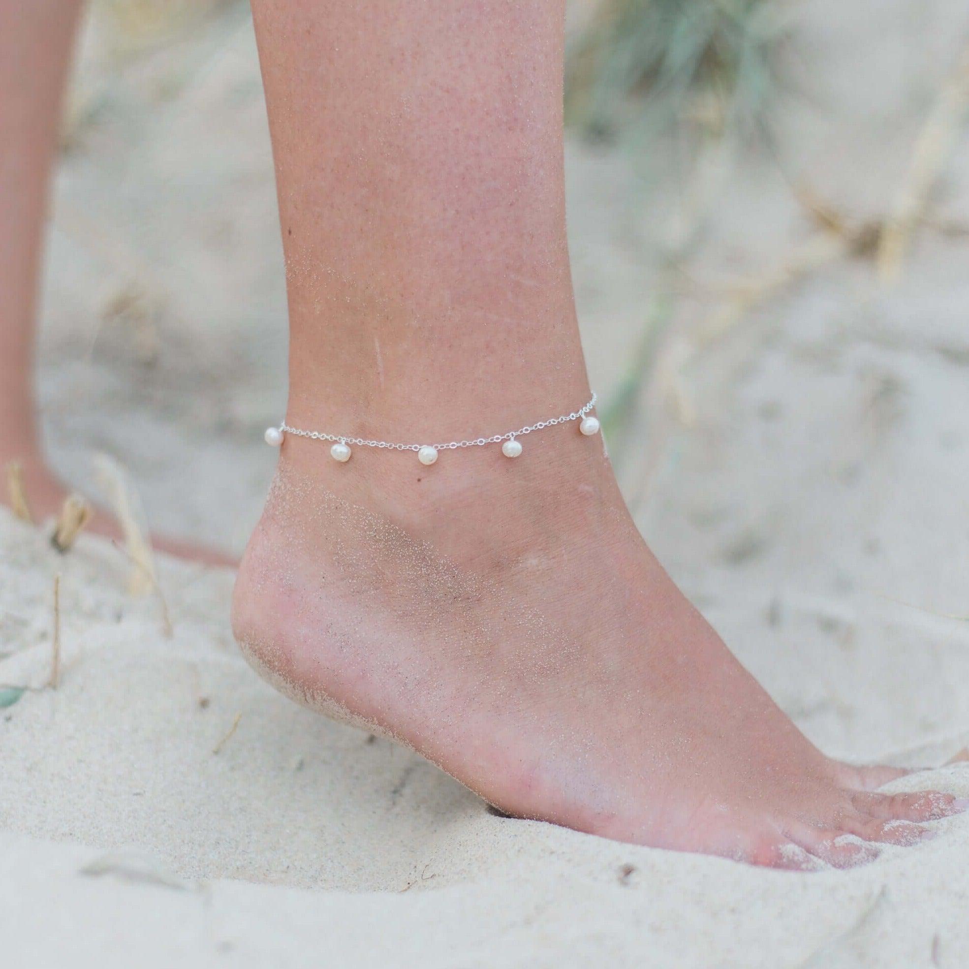 Boho White Freshwater Pearl Bead Drop Anklet - Boho White Freshwater Pearl Bead Drop Anklet - Sterling Silver - Luna Tide Handmade Crystal Jewellery