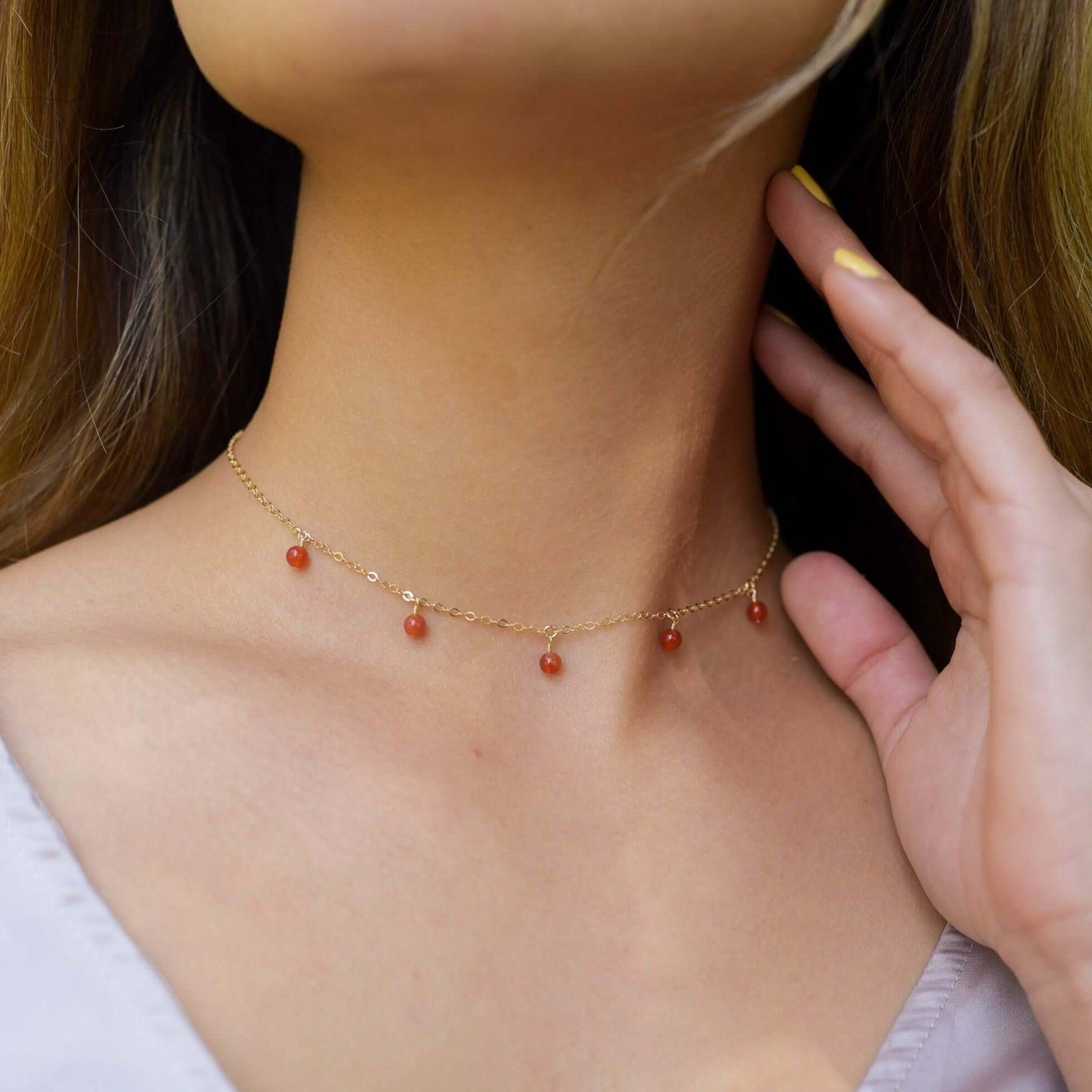 Carnelian Bead Drop Choker - Carnelian Bead Drop Choker - 14k Gold Fill - Luna Tide Handmade Crystal Jewellery