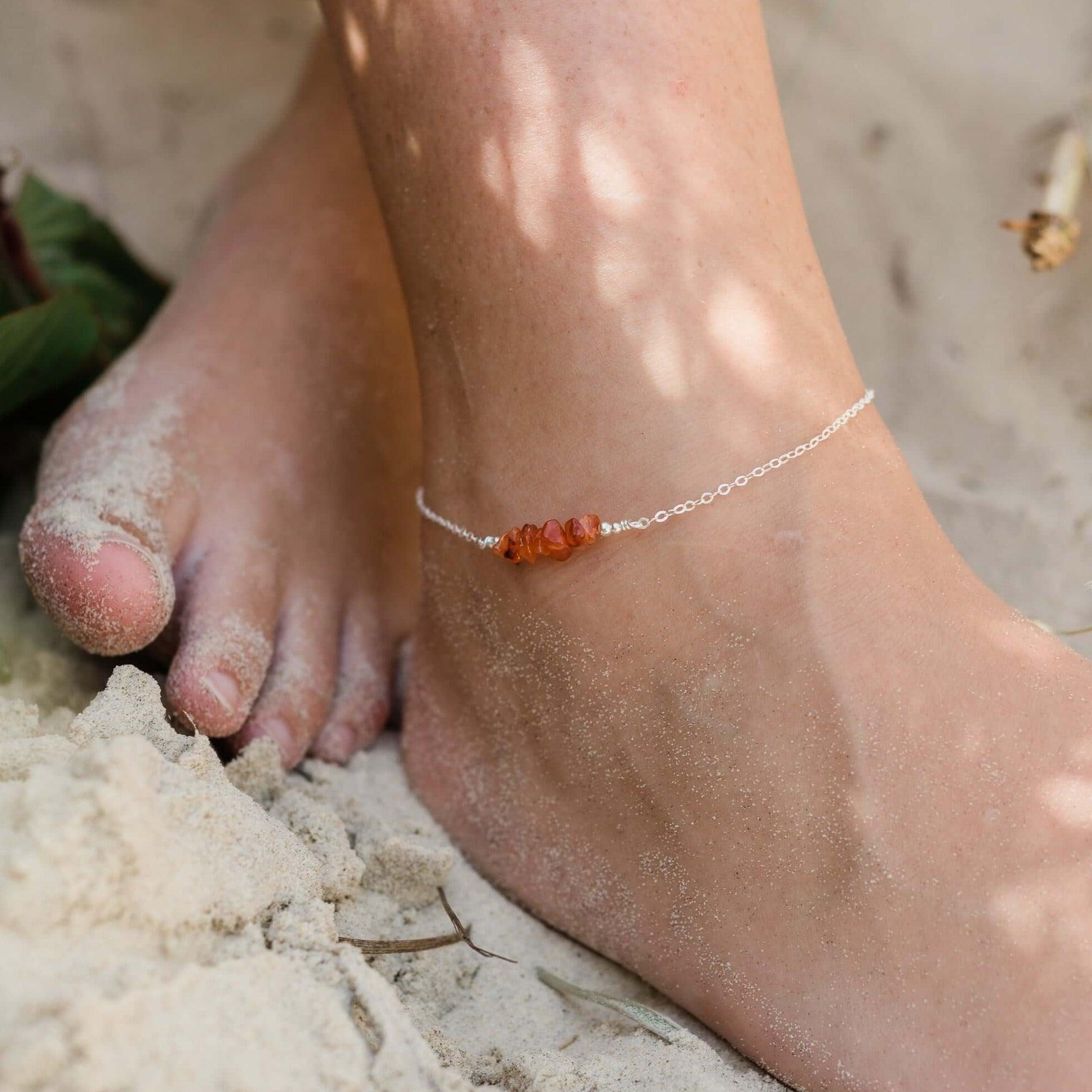 Carnelian Chip Bead Bar Anklet - Carnelian Chip Bead Bar Anklet - Sterling Silver - Luna Tide Handmade Crystal Jewellery