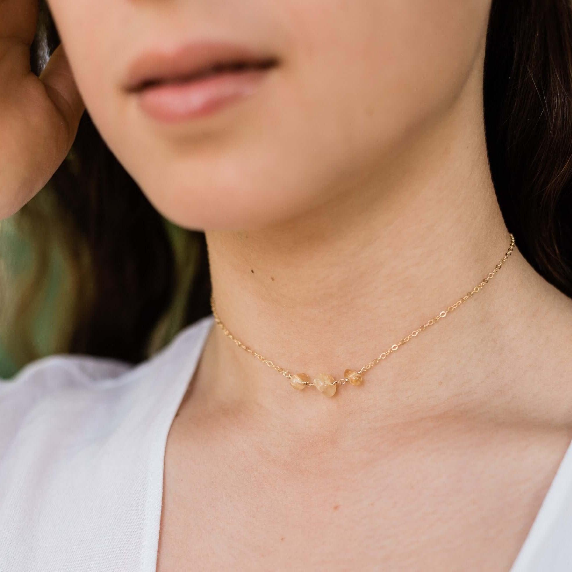Citrine Beaded Chain Choker Necklace - Citrine Beaded Chain Choker Necklace - 14k Gold Fill - Luna Tide Handmade Crystal Jewellery