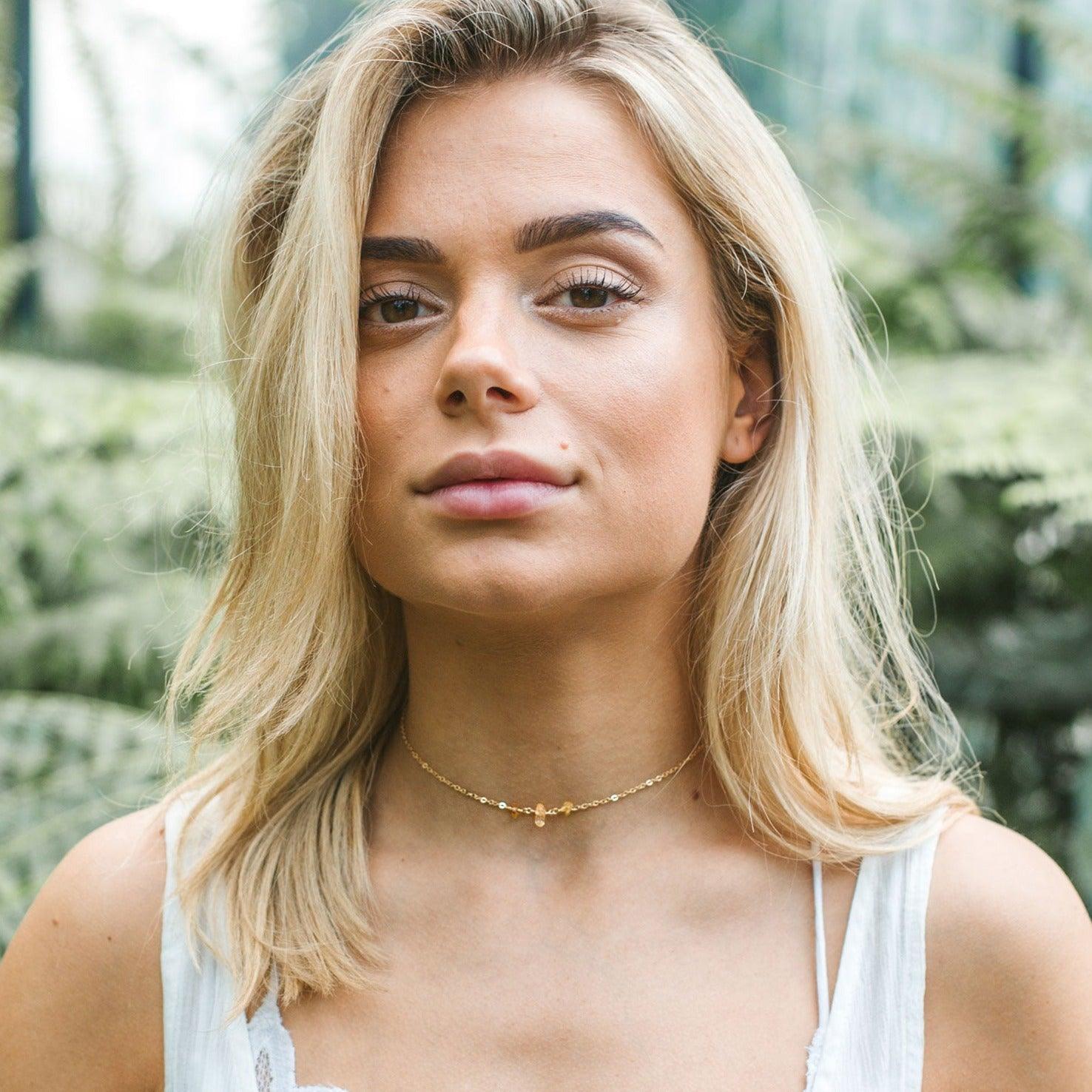 Citrine Beaded Chain Choker Necklace - Citrine Beaded Chain Choker Necklace - 14k Gold Fill - Luna Tide Handmade Crystal Jewellery