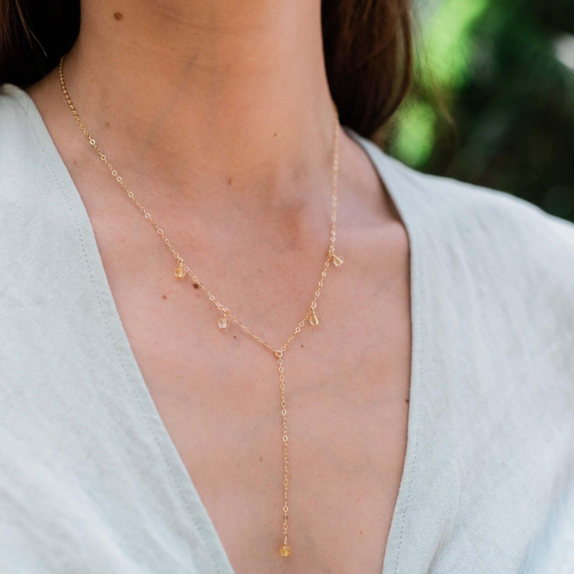 Citrine Boho Lariat Necklace - Citrine Boho Lariat Necklace - 14k Gold Fill - Luna Tide Handmade Crystal Jewellery