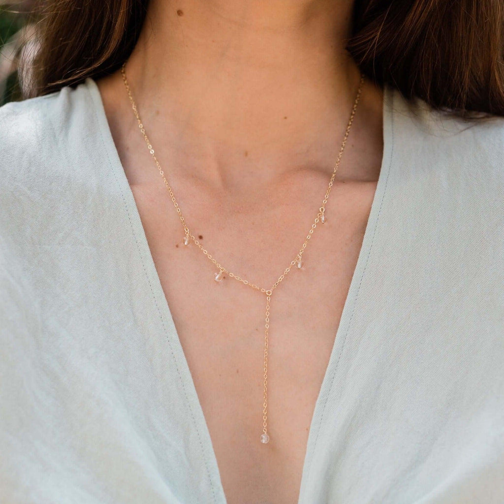 Crystal Quartz Boho Lariat Necklace - Crystal Quartz Boho Lariat Necklace - 14k Gold Fill - Luna Tide Handmade Crystal Jewellery