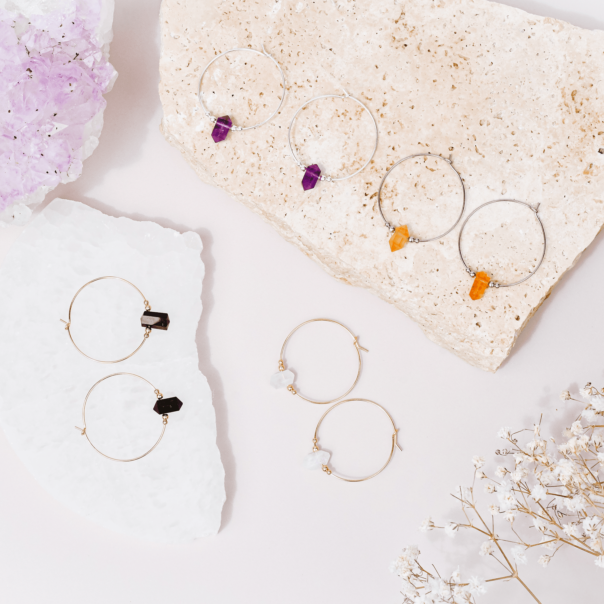 Custom Large Hoop Double Terminated Crystal Point Earrings - Custom Large Hoop Double Terminated Crystal Point Earrings - 14k Gold Fill / 20mm - Luna Tide Handmade Crystal Jewellery