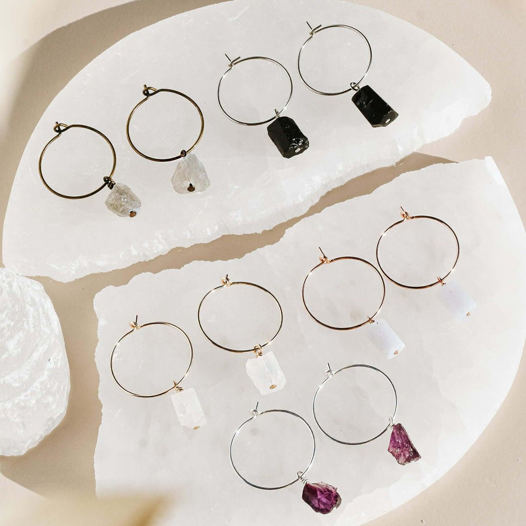 Custom Raw Gemstone Dangle Hoop Earrings - Custom Raw Gemstone Dangle Hoop Earrings - 14k Gold Fill / 15mm - Luna Tide Handmade Crystal Jewellery