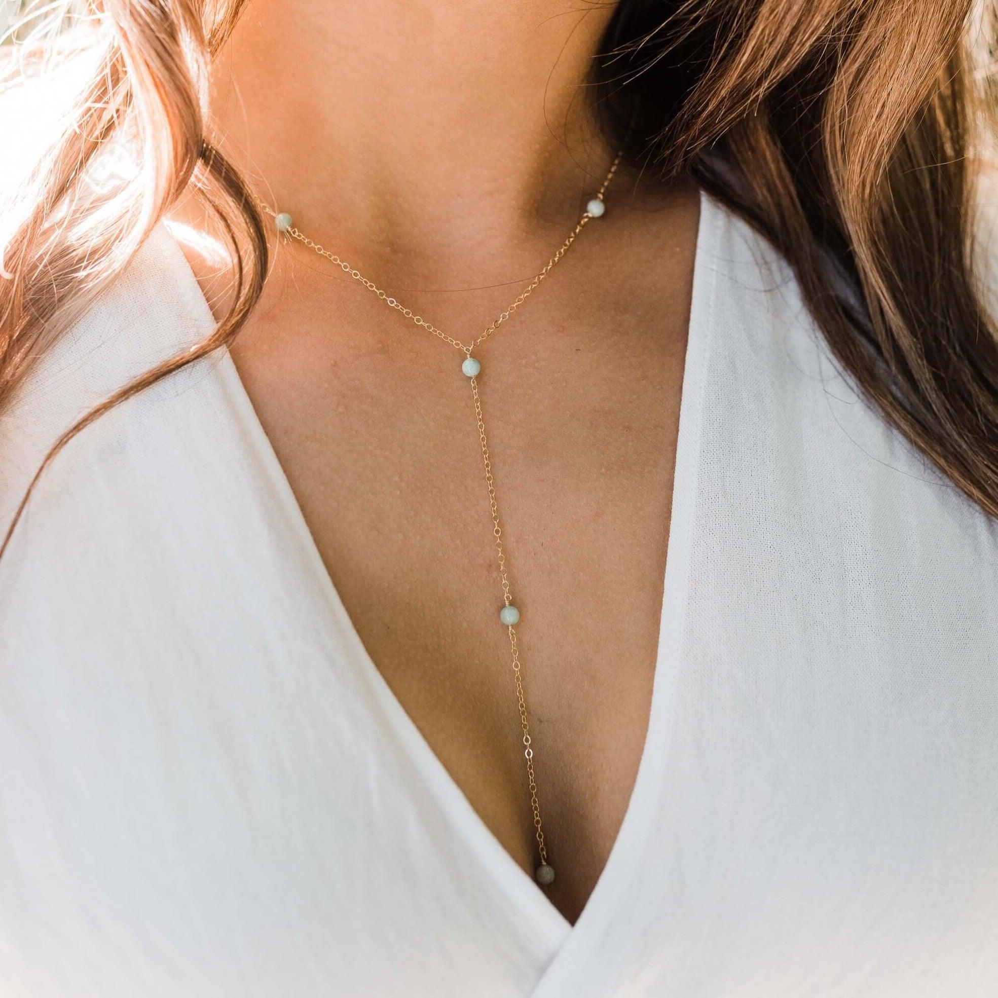 Dainty Amazonite Lariat Necklace - Dainty Amazonite Lariat Necklace - Sterling Silver - Luna Tide Handmade Crystal Jewellery