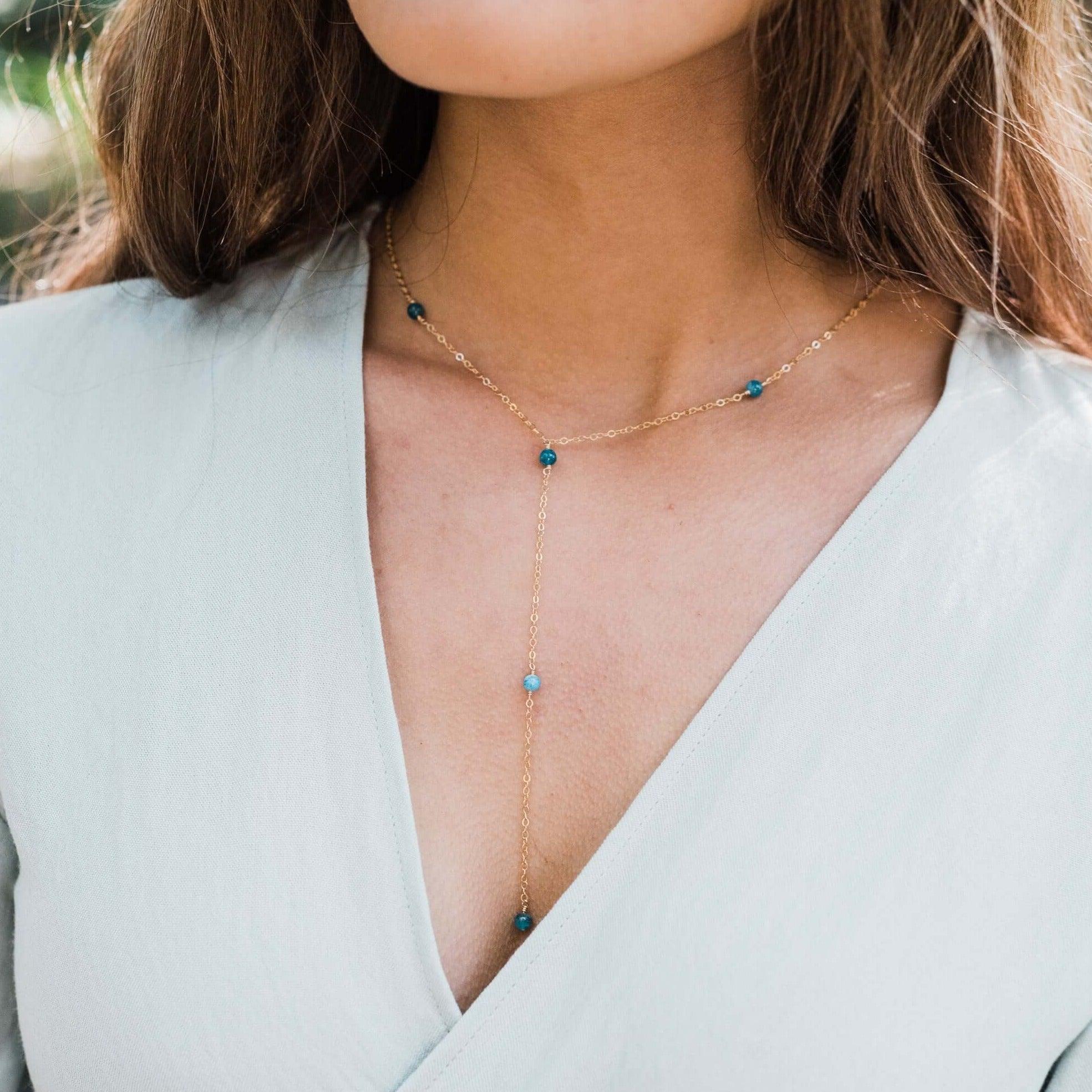 Dainty Apatite Lariat Necklace - Dainty Apatite Lariat Necklace - 14k Gold Fill - Luna Tide Handmade Crystal Jewellery