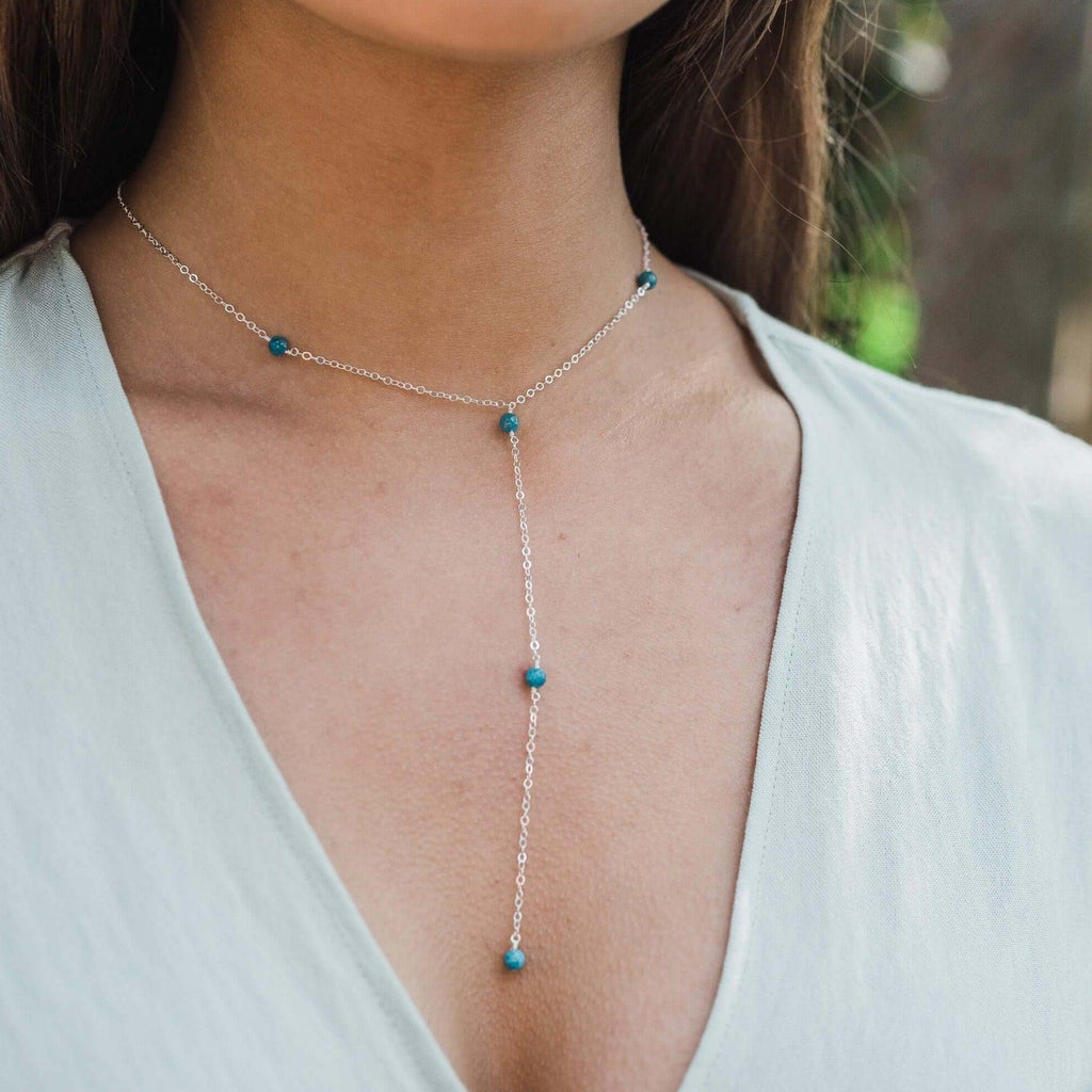 Dainty Apatite Lariat Necklace - Dainty Apatite Lariat Necklace - 14k Gold Fill - Luna Tide Handmade Crystal Jewellery