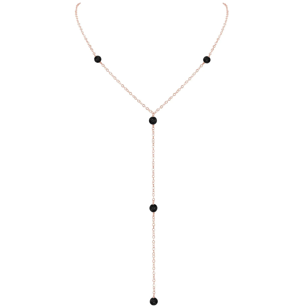 Dainty Black Onyx Lariat Necklace - Dainty Black Onyx Lariat Necklace - 14k Rose Gold Fill - Luna Tide Handmade Crystal Jewellery