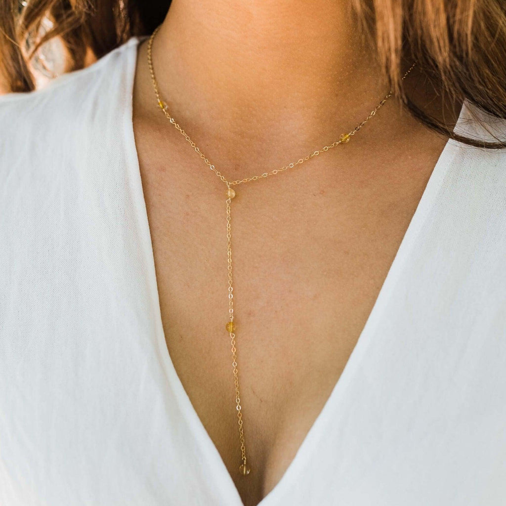 Dainty Citrine Lariat Necklace - Dainty Citrine Lariat Necklace - Sterling Silver - Luna Tide Handmade Crystal Jewellery