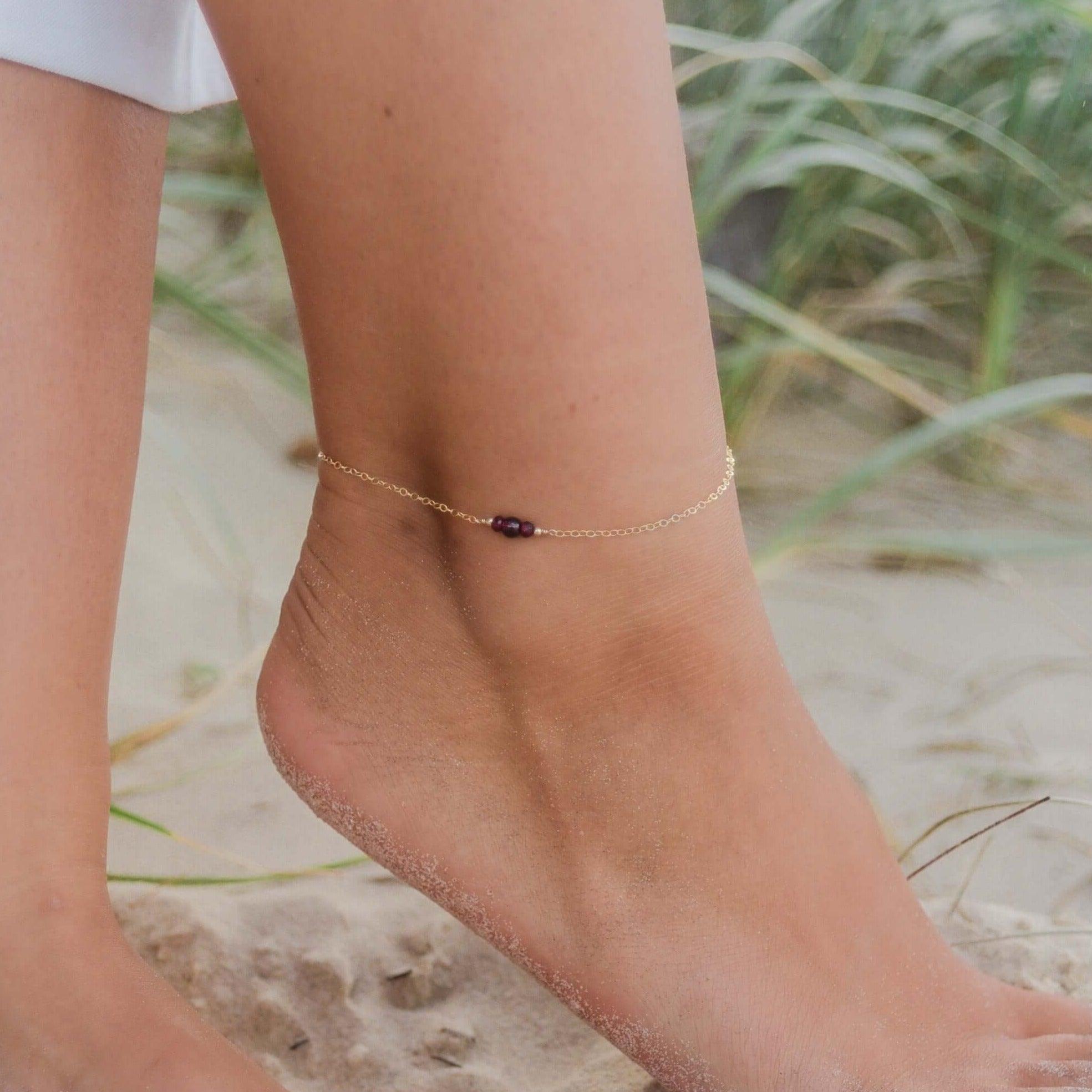 Dainty Garnet Gemstone Anklet - Dainty Garnet Gemstone Anklet - 14k Gold Fill - Luna Tide Handmade Crystal Jewellery