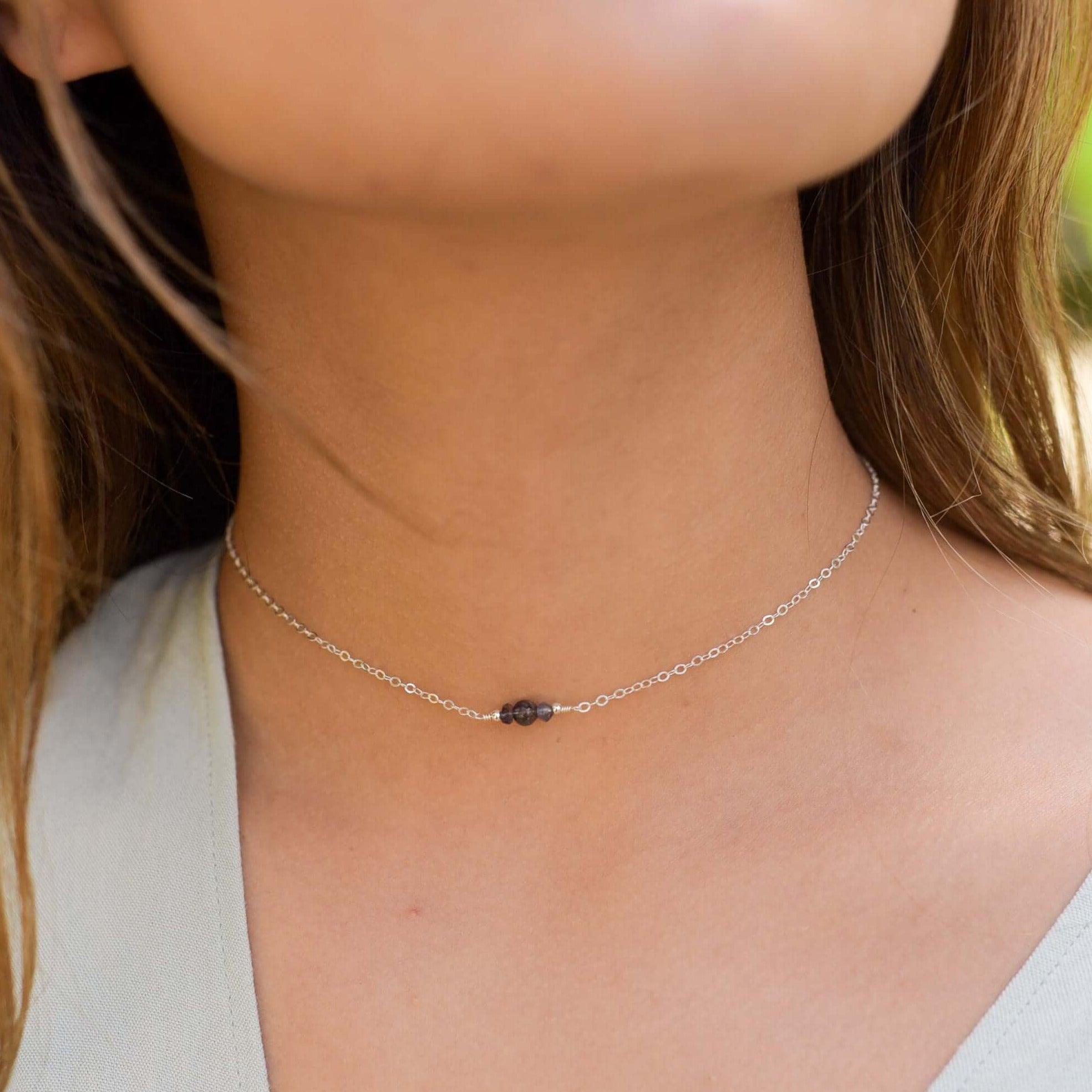 Dainty Iolite Gemstone Choker Necklace - Dainty Iolite Gemstone Choker Necklace - Sterling Silver - Luna Tide Handmade Crystal Jewellery