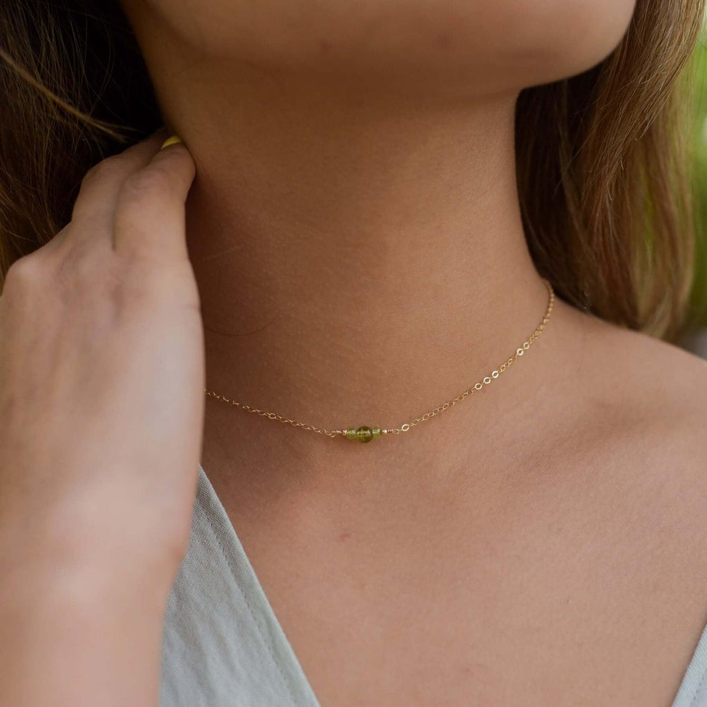 Dainty Peridot Gemstone Choker Necklace - Dainty Peridot Gemstone Choker Necklace - 14k Gold Fill - Luna Tide Handmade Crystal Jewellery