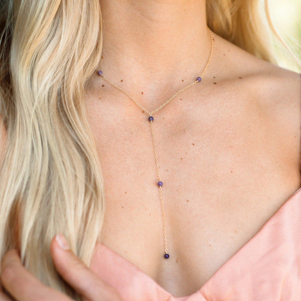 Dainty Purple Lepidolite Gemstone Lariat Necklace - Dainty Purple Lepidolite Gemstone Lariat Necklace - Sterling Silver - Luna Tide Handmade Crystal Jewellery