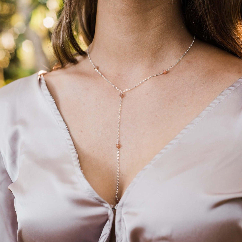 Dainty Sunstone Lariat Necklace - Dainty Sunstone Lariat Necklace - 14k Gold Fill - Luna Tide Handmade Crystal Jewellery