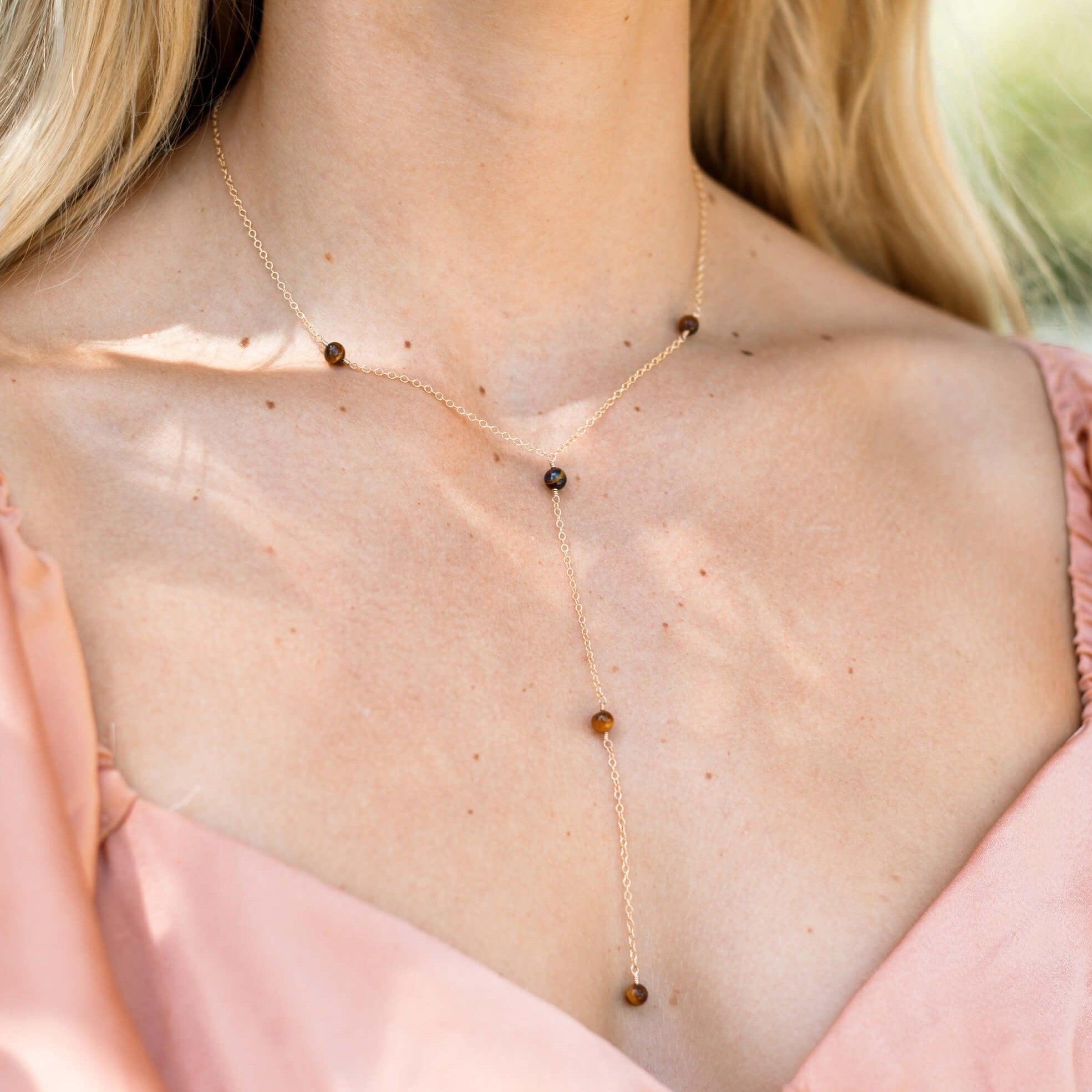 Dainty Tiger's Eye Gemstone Lariat Necklace - Dainty Tiger's Eye Gemstone Lariat Necklace - 14k Gold Fill - Luna Tide Handmade Crystal Jewellery