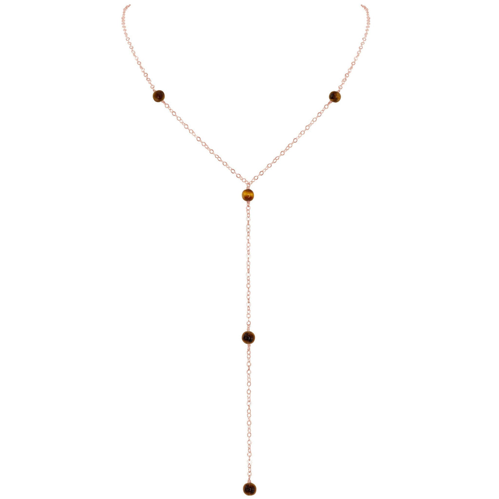 Dainty Tiger's Eye Gemstone Lariat Necklace - Dainty Tiger's Eye Gemstone Lariat Necklace - 14k Rose Gold Fill - Luna Tide Handmade Crystal Jewellery