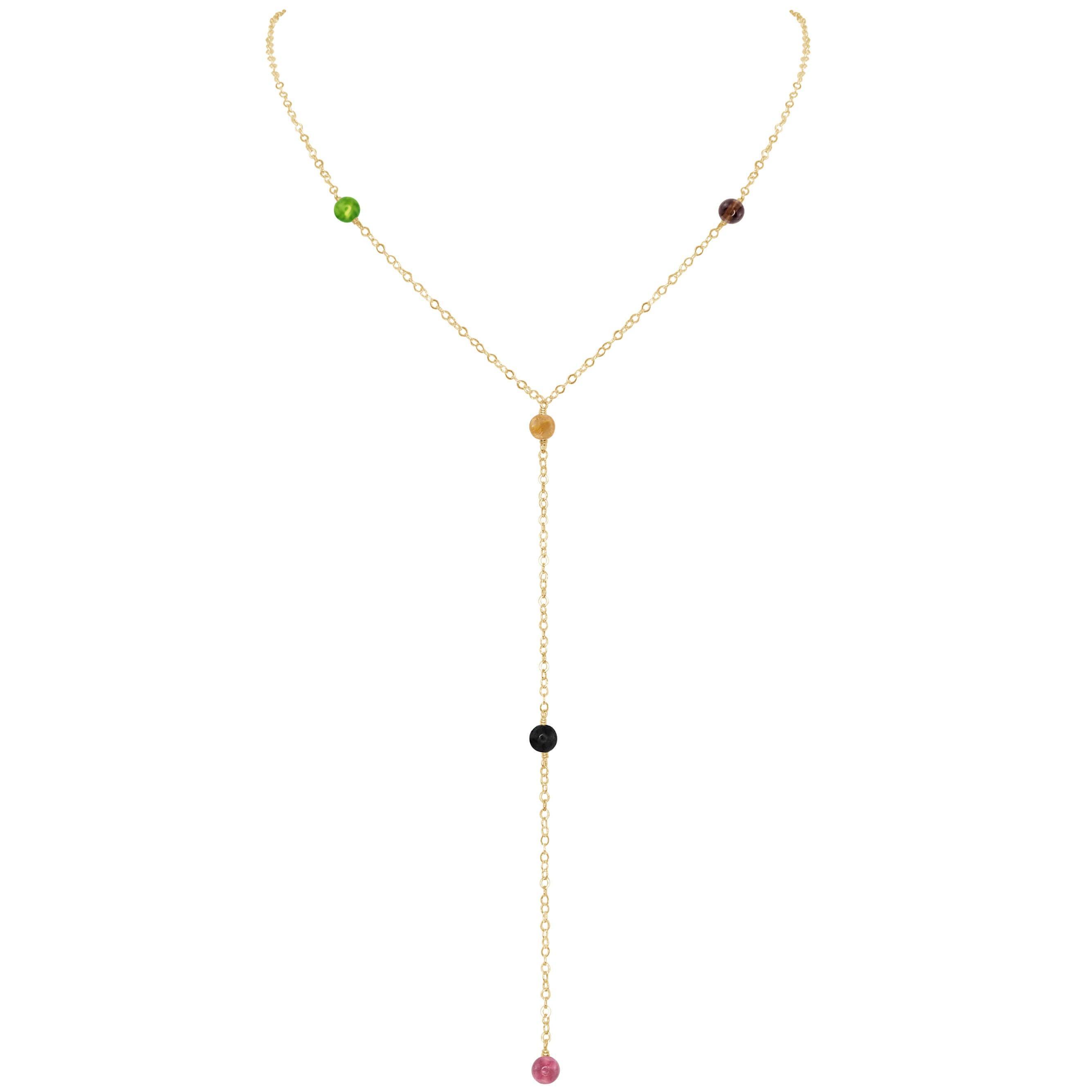 Dainty Tourmaline Lariat Necklace - Dainty Tourmaline Lariat Necklace - 14k Gold Fill - Luna Tide Handmade Crystal Jewellery