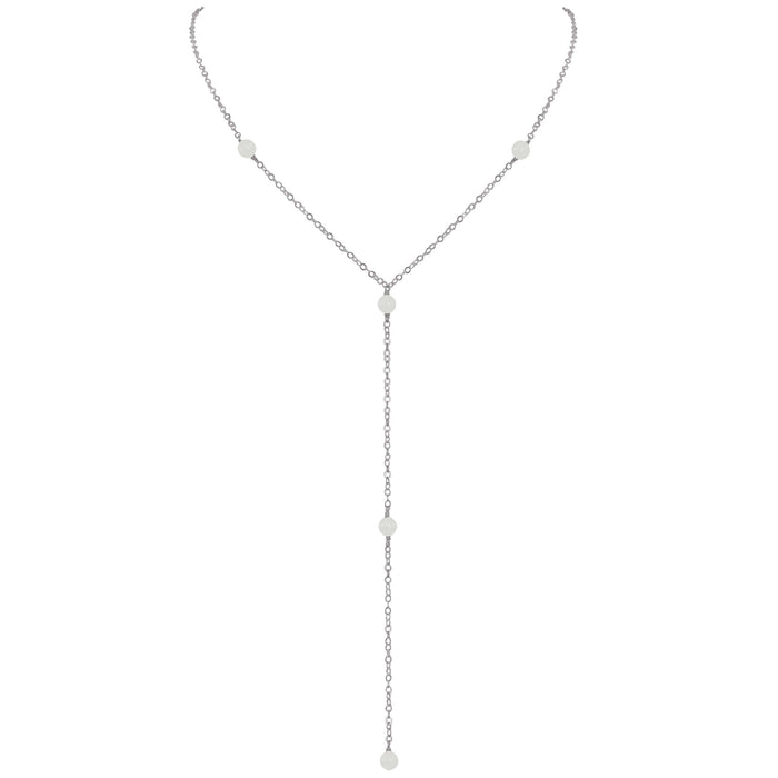 Dainty White Moonstone Gemstone Lariat Necklace - Dainty White Moonstone Gemstone Lariat Necklace - Stainless Steel - Luna Tide Handmade Crystal Jewellery