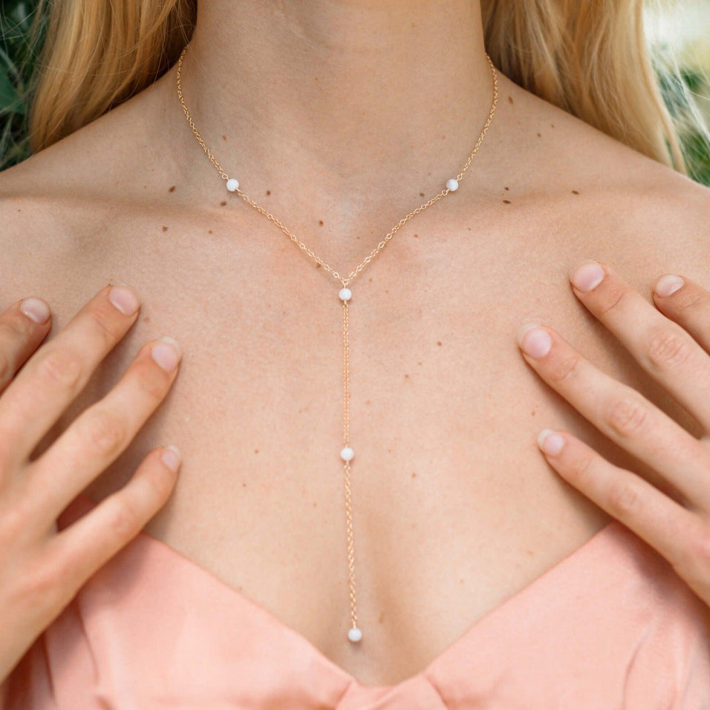 Dainty White Moonstone Gemstone Lariat Necklace - Dainty White Moonstone Gemstone Lariat Necklace - Sterling Silver - Luna Tide Handmade Crystal Jewellery