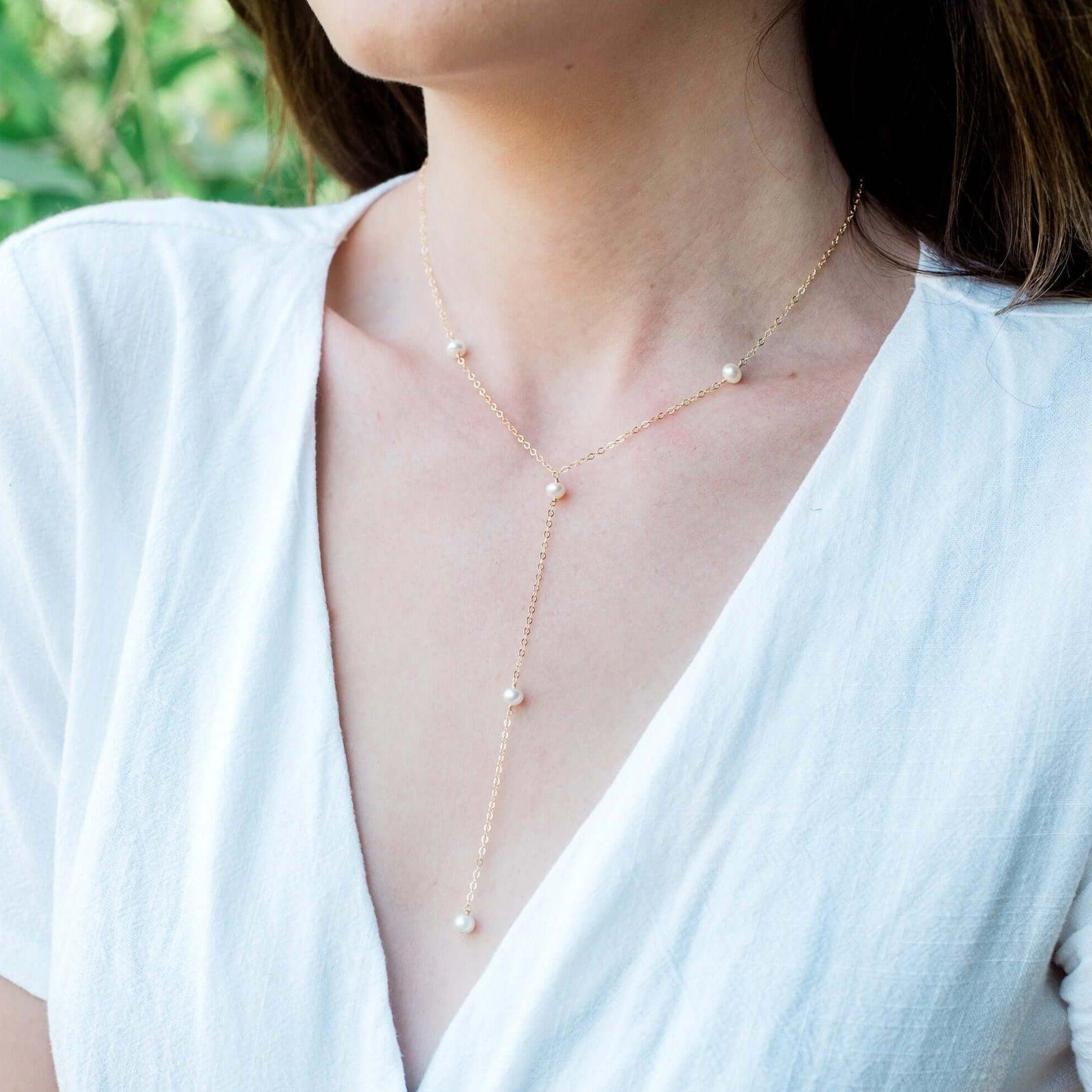Dainty White Pearl Lariat Necklace - Dainty White Pearl Lariat Necklace - Sterling Silver - Luna Tide Handmade Crystal Jewellery
