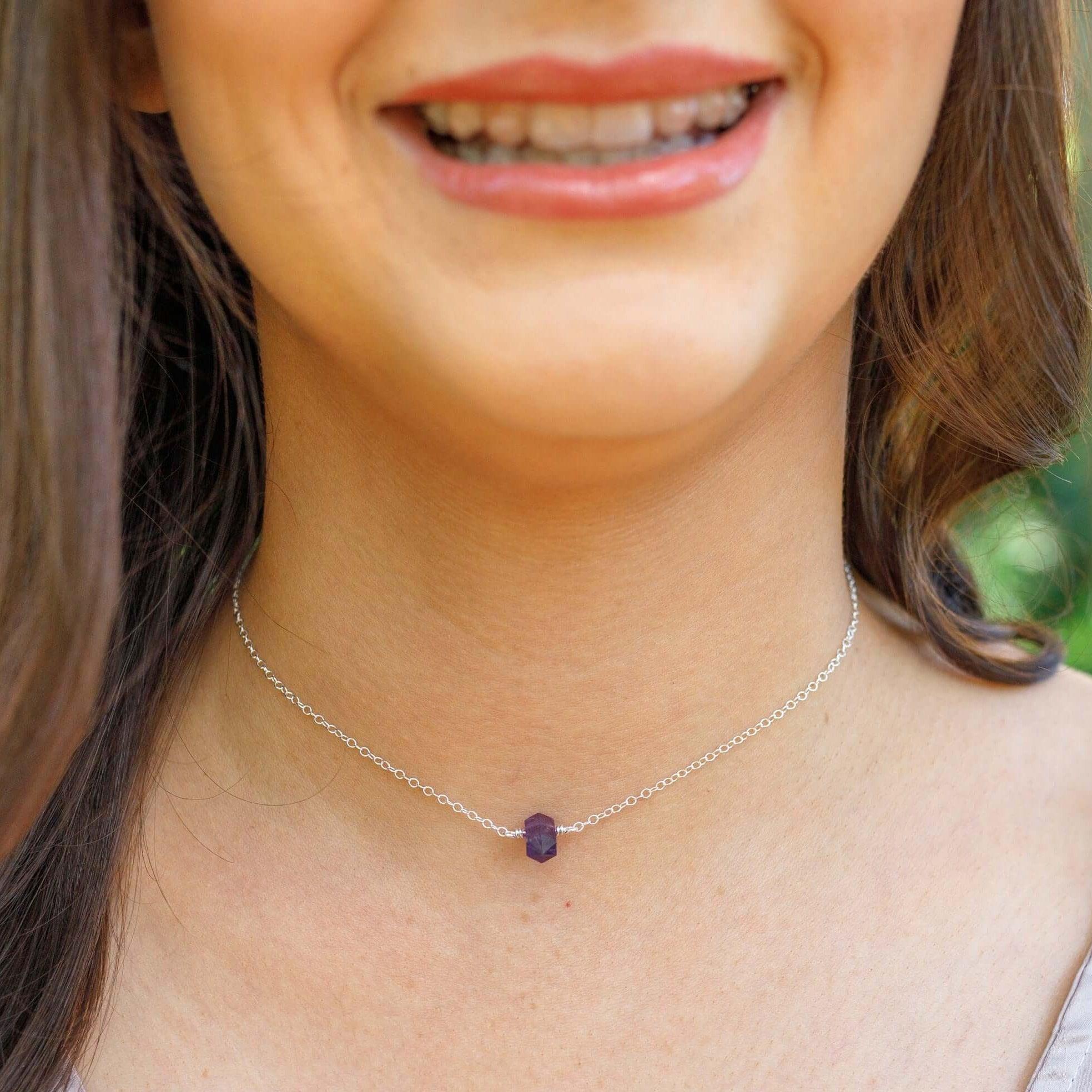 Double Terminated Amethyst Mini Crystal Point Choker Necklace - Double Terminated Amethyst Mini Crystal Point Choker Necklace - Sterling Silver - Luna Tide Handmade Crystal Jewellery