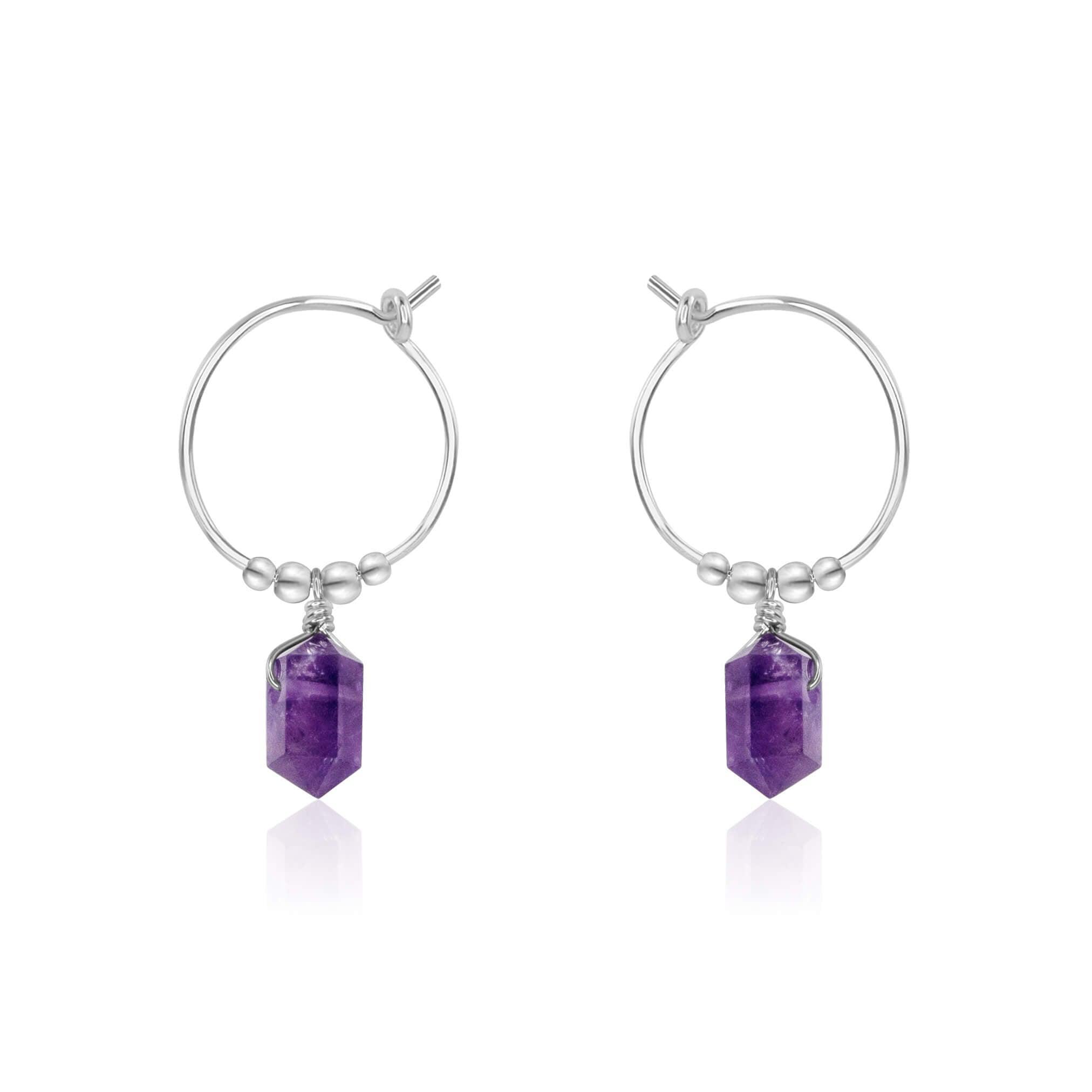 Double Terminated Amethyst Mini Crystal Point Dangle Hoop Earrings - Double Terminated Amethyst Mini Crystal Point Dangle Hoop Earrings - Sterling Silver - Luna Tide Handmade Crystal Jewellery