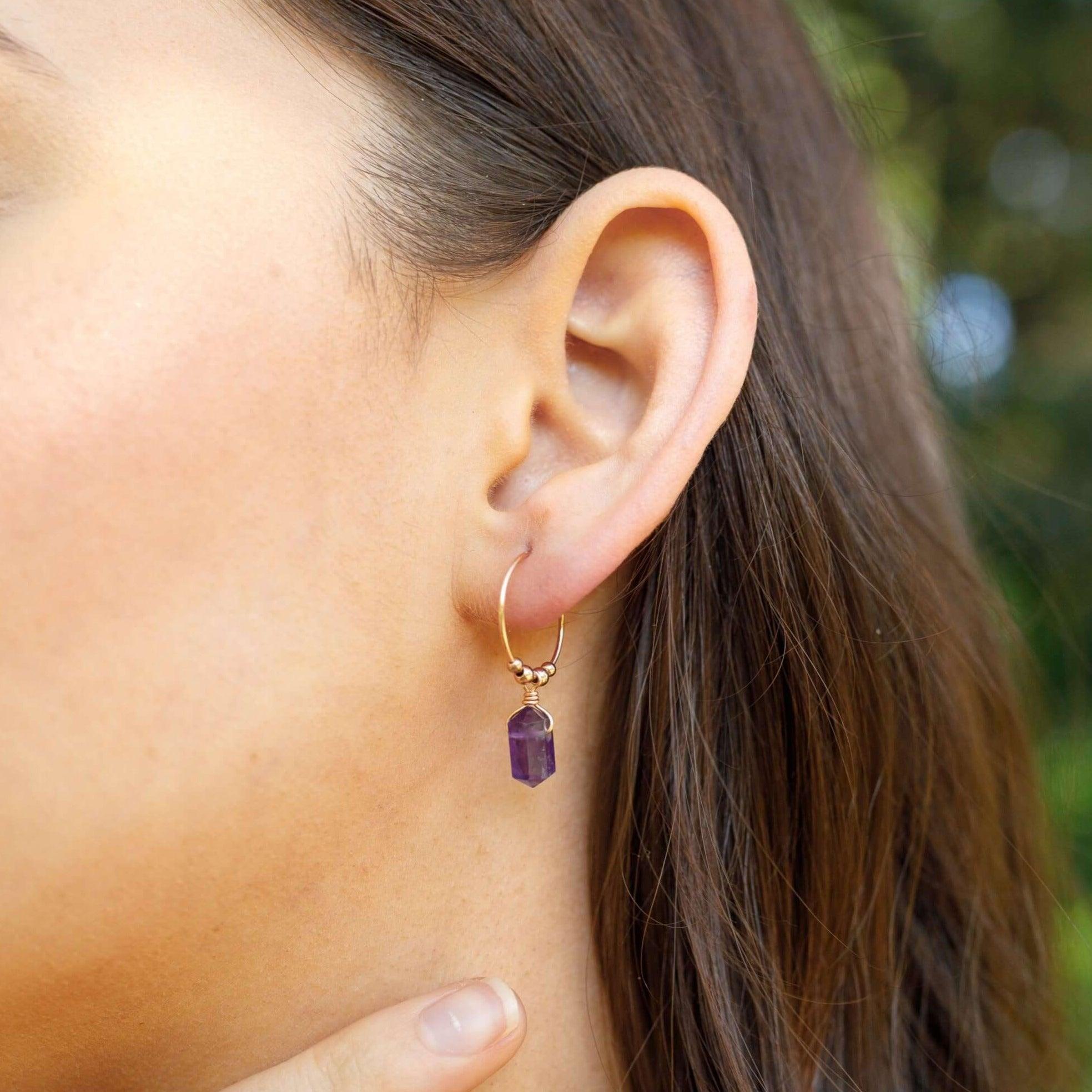 Double Terminated Amethyst Mini Crystal Point Dangle Hoop Earrings - Double Terminated Amethyst Mini Crystal Point Dangle Hoop Earrings - Sterling Silver - Luna Tide Handmade Crystal Jewellery