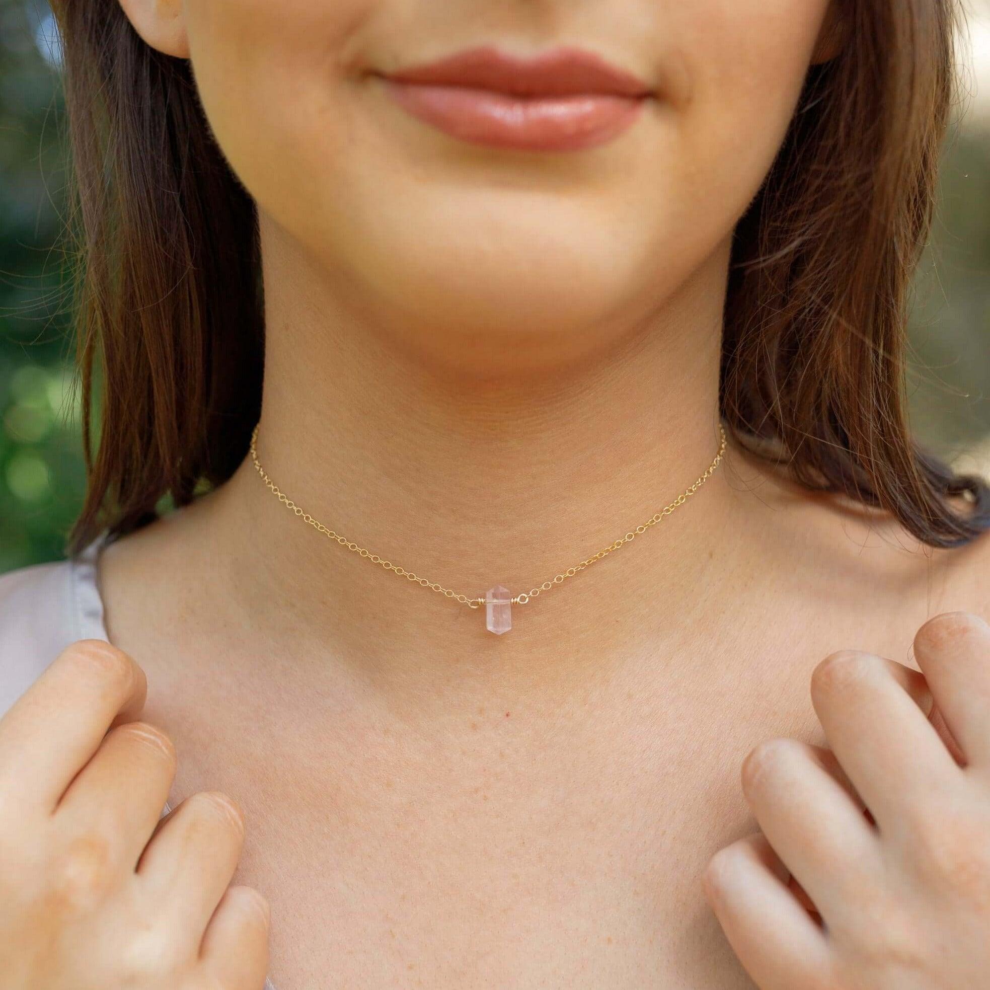 Double Terminated Rose Quartz Mini Crystal Point Choker Necklace - Double Terminated Rose Quartz Mini Crystal Point Choker Necklace - Sterling Silver - Luna Tide Handmade Crystal Jewellery