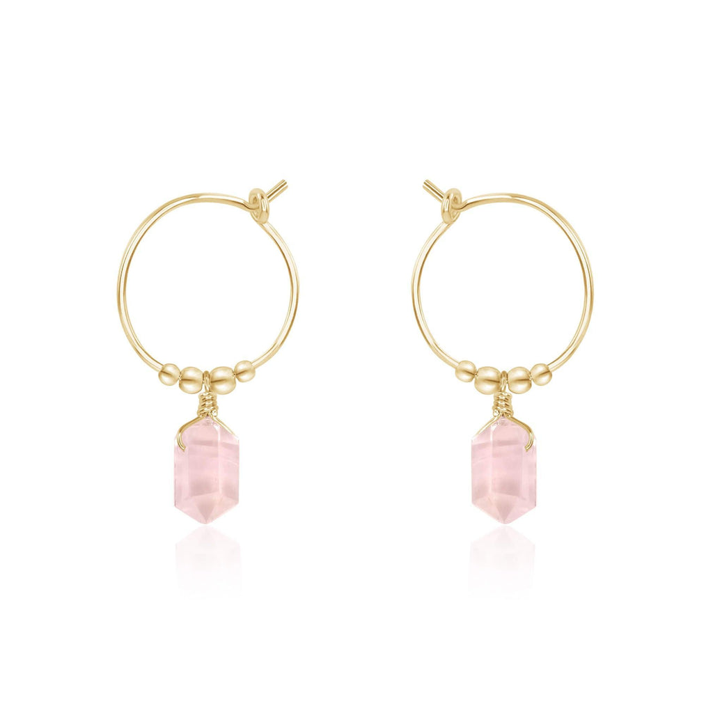 Double Terminated Rose Quartz Mini Crystal Point Dangle Hoop Earrings - Double Terminated Rose Quartz Mini Crystal Point Dangle Hoop Earrings - 14k Gold Fill - Luna Tide Handmade Crystal Jewellery