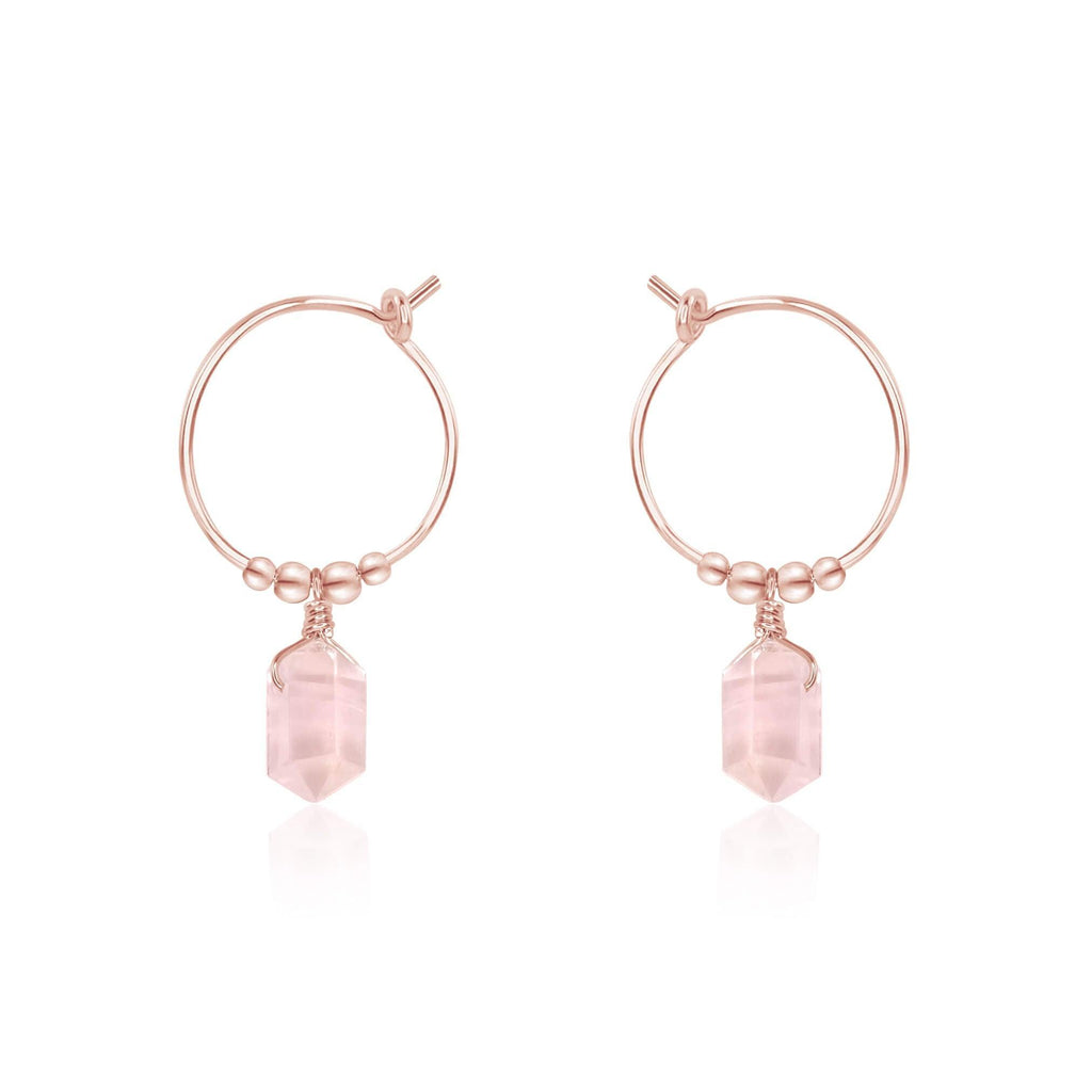 Double Terminated Rose Quartz Mini Crystal Point Dangle Hoop Earrings - Double Terminated Rose Quartz Mini Crystal Point Dangle Hoop Earrings - 14k Rose Gold Fill - Luna Tide Handmade Crystal Jewellery