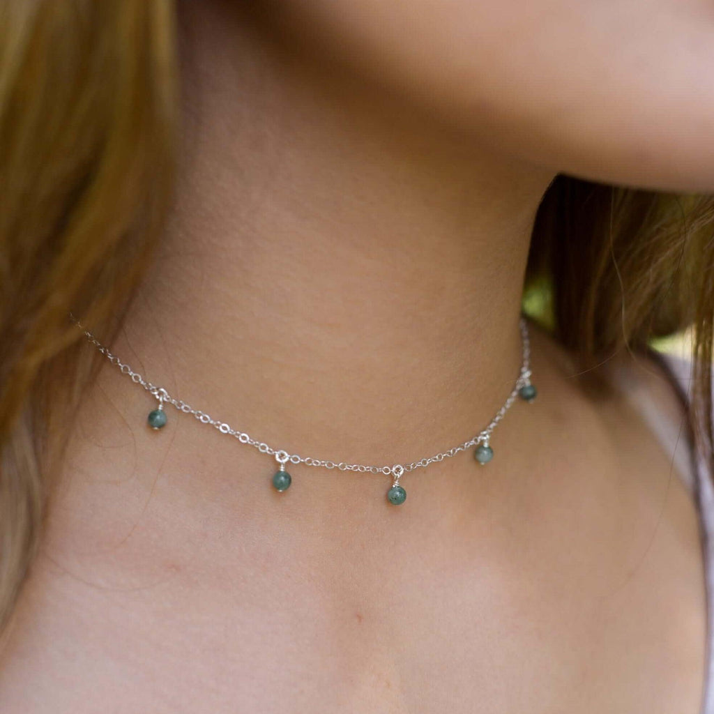 Emerald Bead Drop Choker - Emerald Bead Drop Choker - Sterling Silver - Luna Tide Handmade Crystal Jewellery