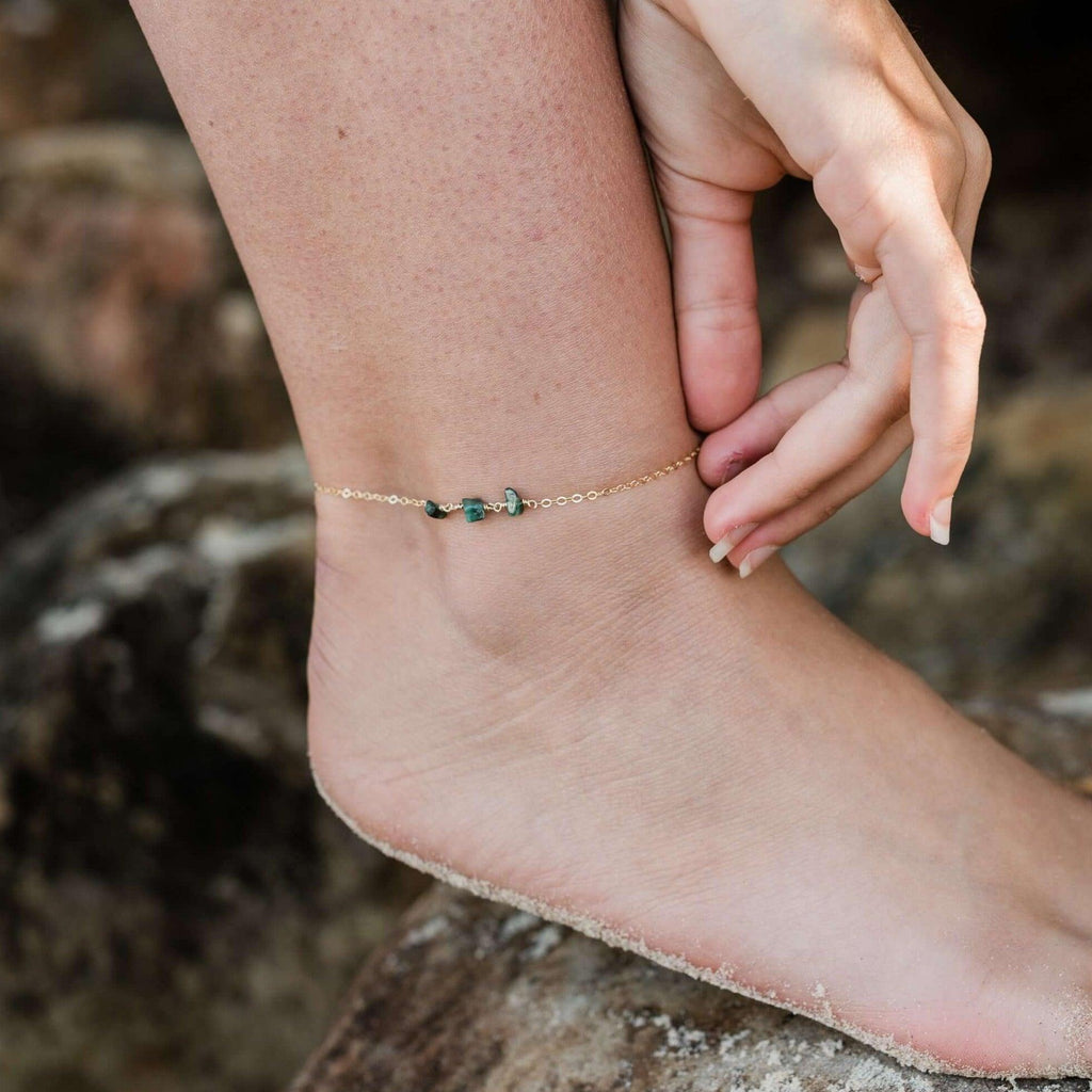 Emerald Beaded Chain Anklet - Emerald Beaded Chain Anklet - Sterling Silver - Luna Tide Handmade Crystal Jewellery