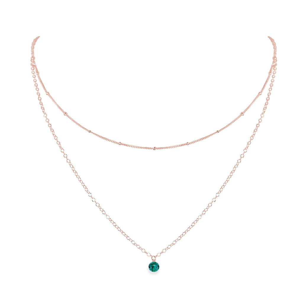 Emerald Gemstone Chain Layered Choker Necklace - Emerald Gemstone Chain Layered Choker Necklace - 14k Rose Gold Fill - Luna Tide Handmade Crystal Jewellery