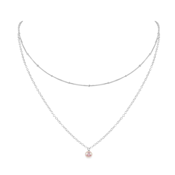 Freshwater Pearl Gemstone Chain Layered Choker Necklace - Freshwater Pearl Gemstone Chain Layered Choker Necklace - Sterling Silver - Luna Tide Handmade Crystal Jewellery