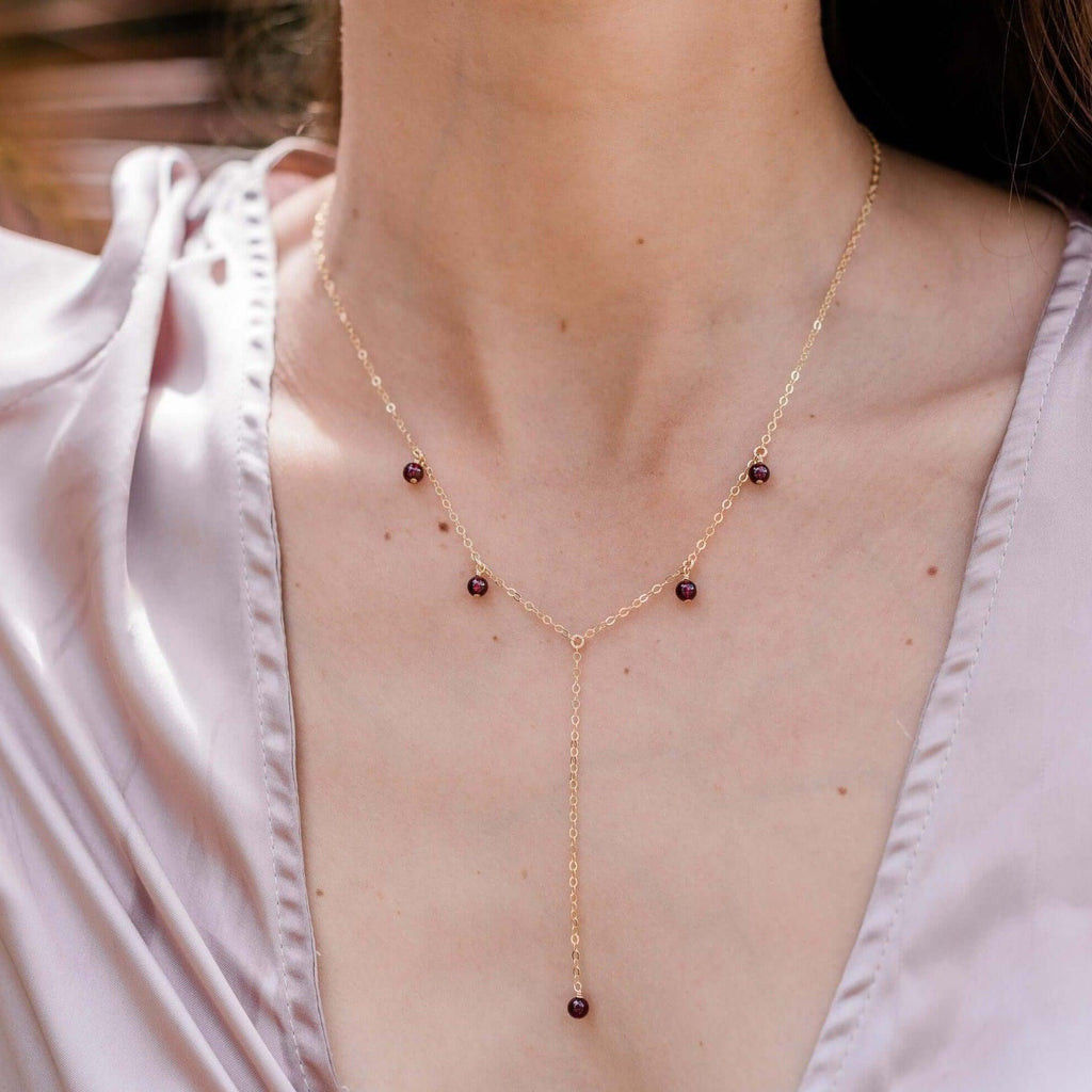 Garnet Boho Lariat Necklace - Garnet Boho Lariat Necklace - 14k Gold Fill - Luna Tide Handmade Crystal Jewellery