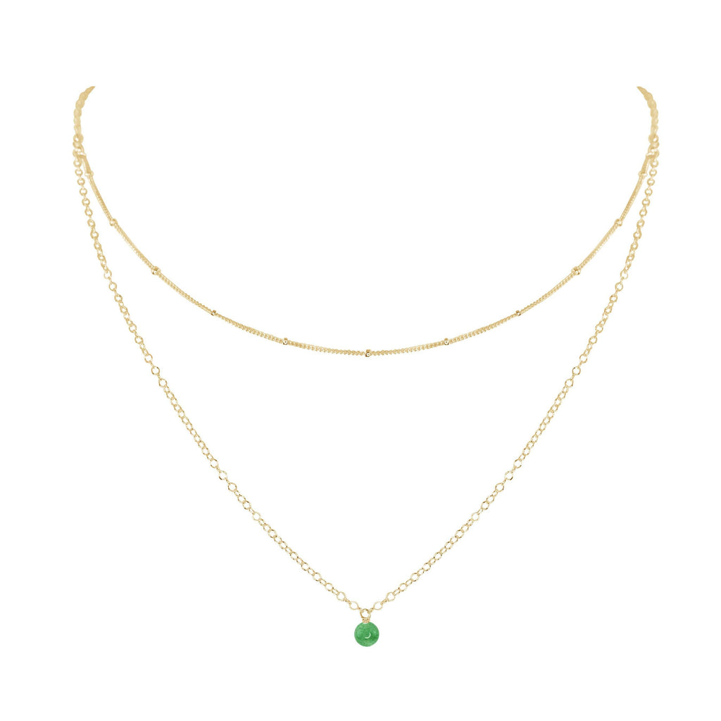 Green Aventurine Gemstone Chain Layered Choker Necklace - Green Aventurine Gemstone Chain Layered Choker Necklace - 14k Gold Fill - Luna Tide Handmade Crystal Jewellery