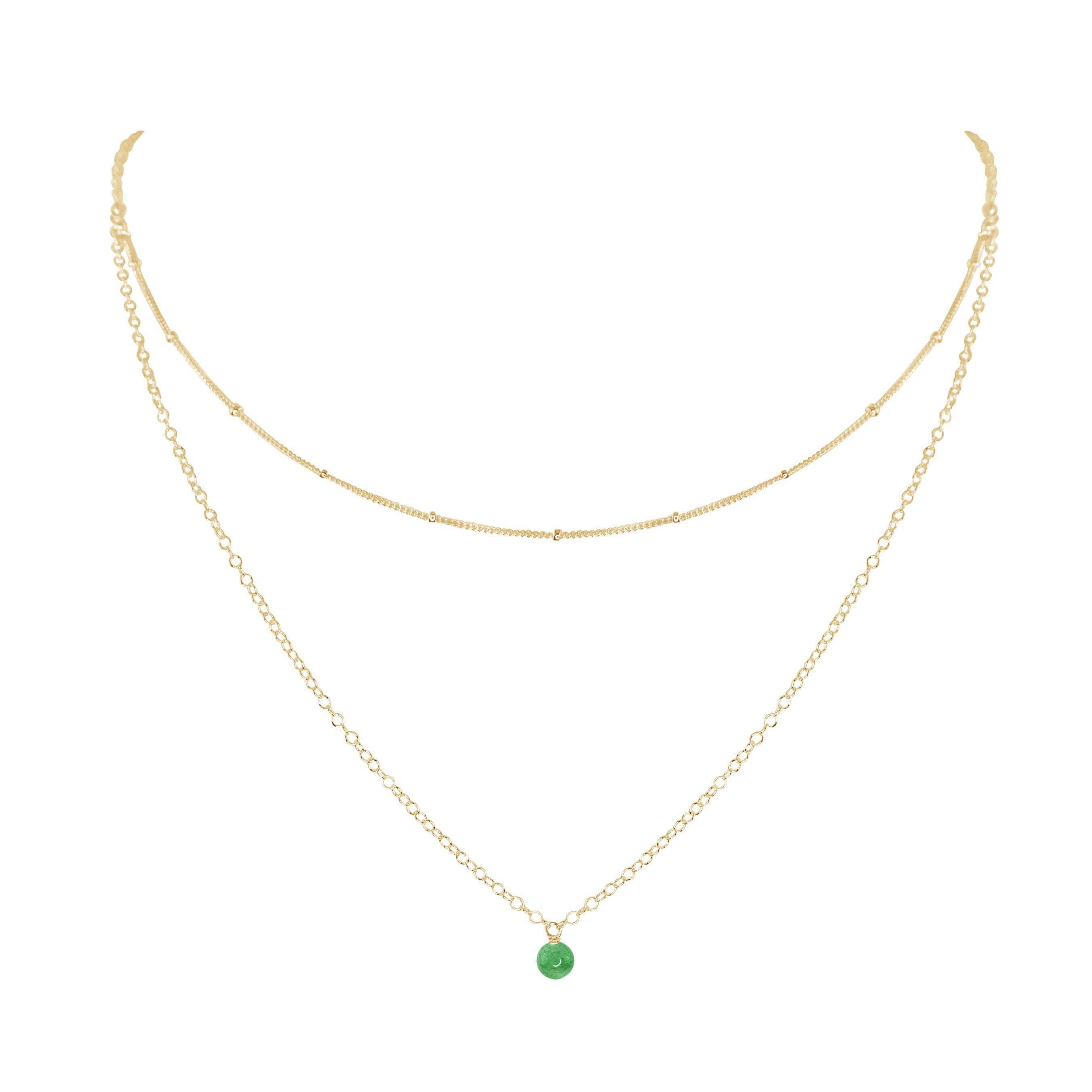 Green Aventurine Gemstone Chain Layered Choker Necklace - Green Aventurine Gemstone Chain Layered Choker Necklace - 14k Gold Fill - Luna Tide Handmade Crystal Jewellery