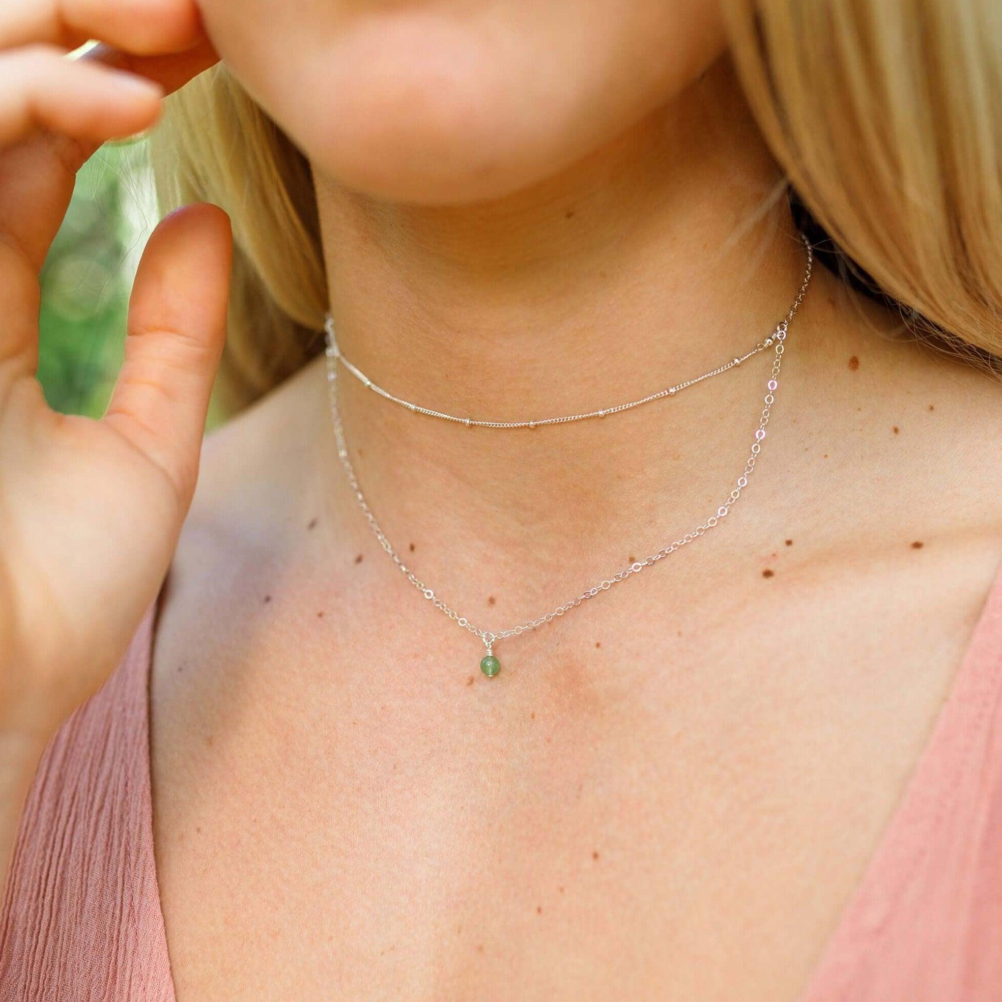 Green Aventurine Gemstone Chain Layered Choker Necklace - Green Aventurine Gemstone Chain Layered Choker Necklace - 14k Gold Fill - Luna Tide Handmade Crystal Jewellery