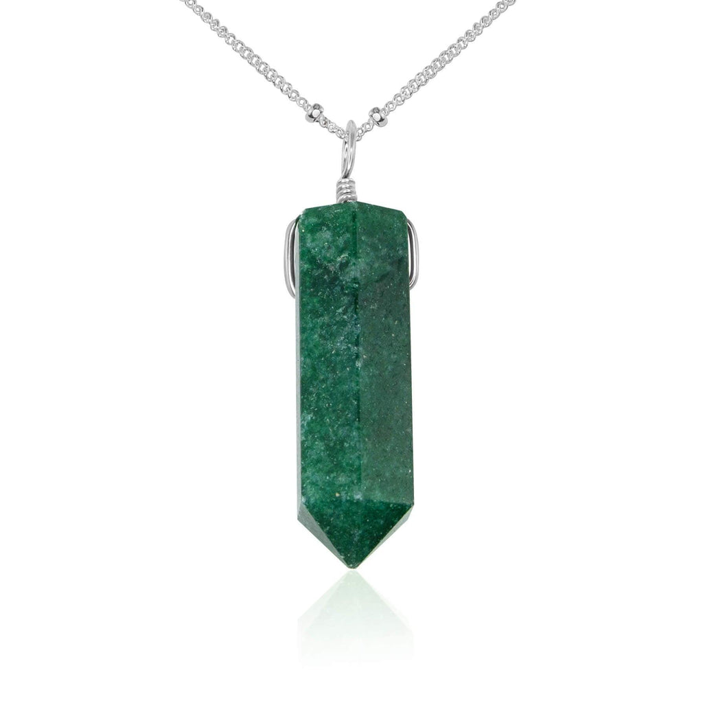 Green Aventurine Gemstone Generator Tower Point Pendant Necklace - Green Aventurine Gemstone Generator Tower Point Pendant Necklace - Sterling Silver / Satellite - Luna Tide Handmade Crystal Jewellery