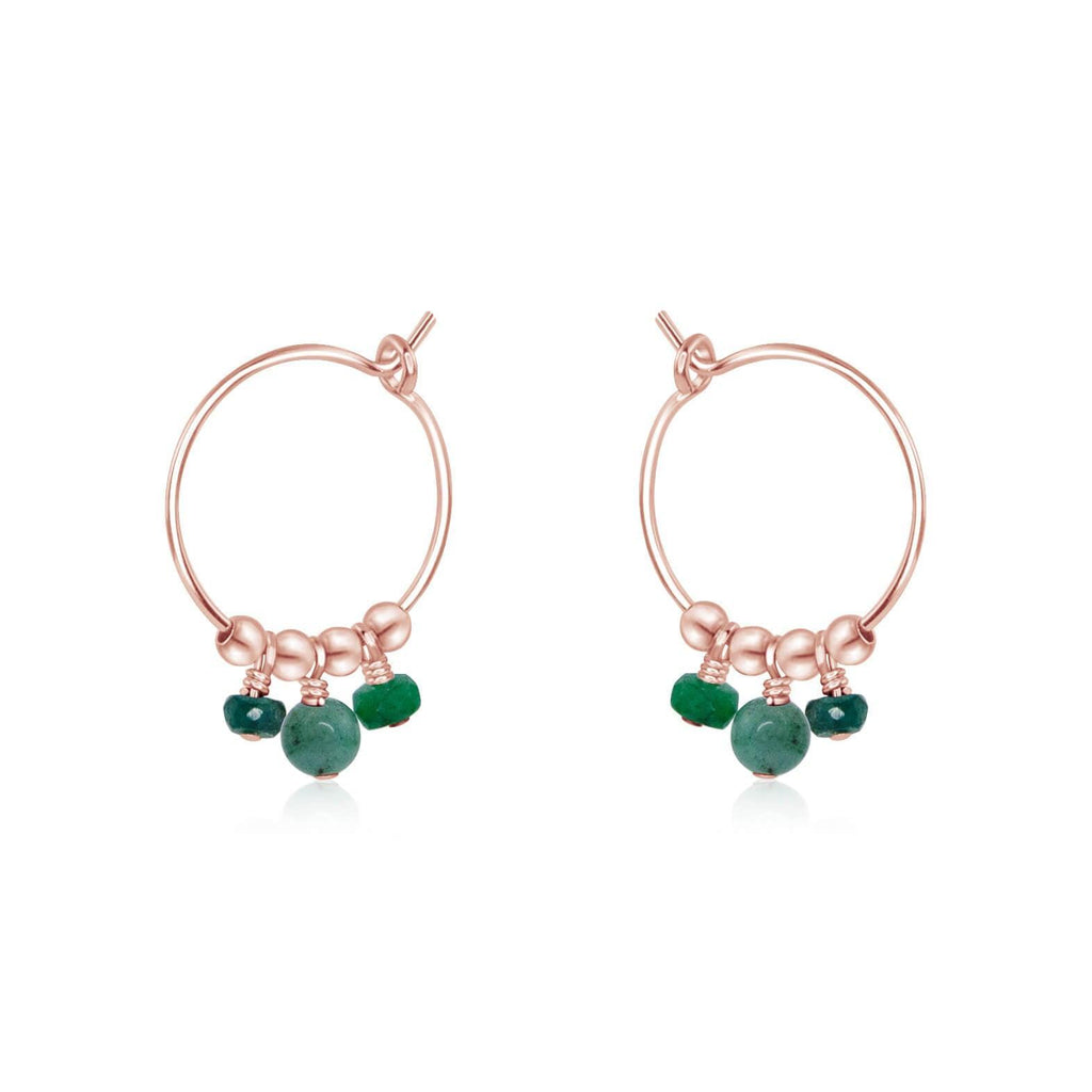 Green Emerald Gemstone Bead Drop Hoop Earrings - Green Emerald Gemstone Bead Drop Hoop Earrings - 14k Rose Gold Fill - Luna Tide Handmade Crystal Jewellery