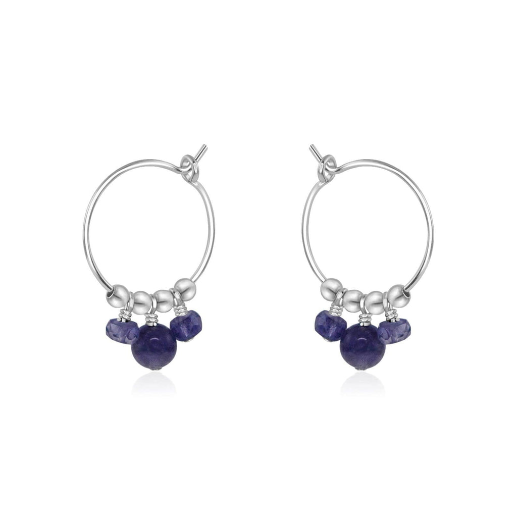 Grey Iolite Gemstone Bead Drop Hoop Earrings - Grey Iolite Gemstone Bead Drop Hoop Earrings - Sterling Silver - Luna Tide Handmade Crystal Jewellery