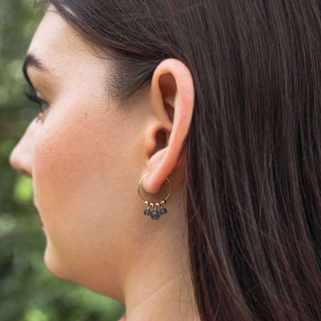 Grey Iolite Gemstone Bead Drop Hoop Earrings - Grey Iolite Gemstone Bead Drop Hoop Earrings - Sterling Silver - Luna Tide Handmade Crystal Jewellery