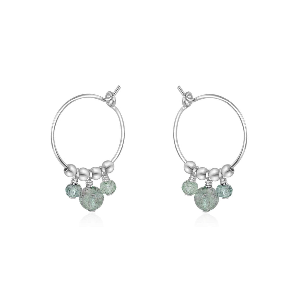 Grey Labradorite Gemstone Bead Drop Hoop Earrings - Grey Labradorite Gemstone Bead Drop Hoop Earrings - Sterling Silver - Luna Tide Handmade Crystal Jewellery