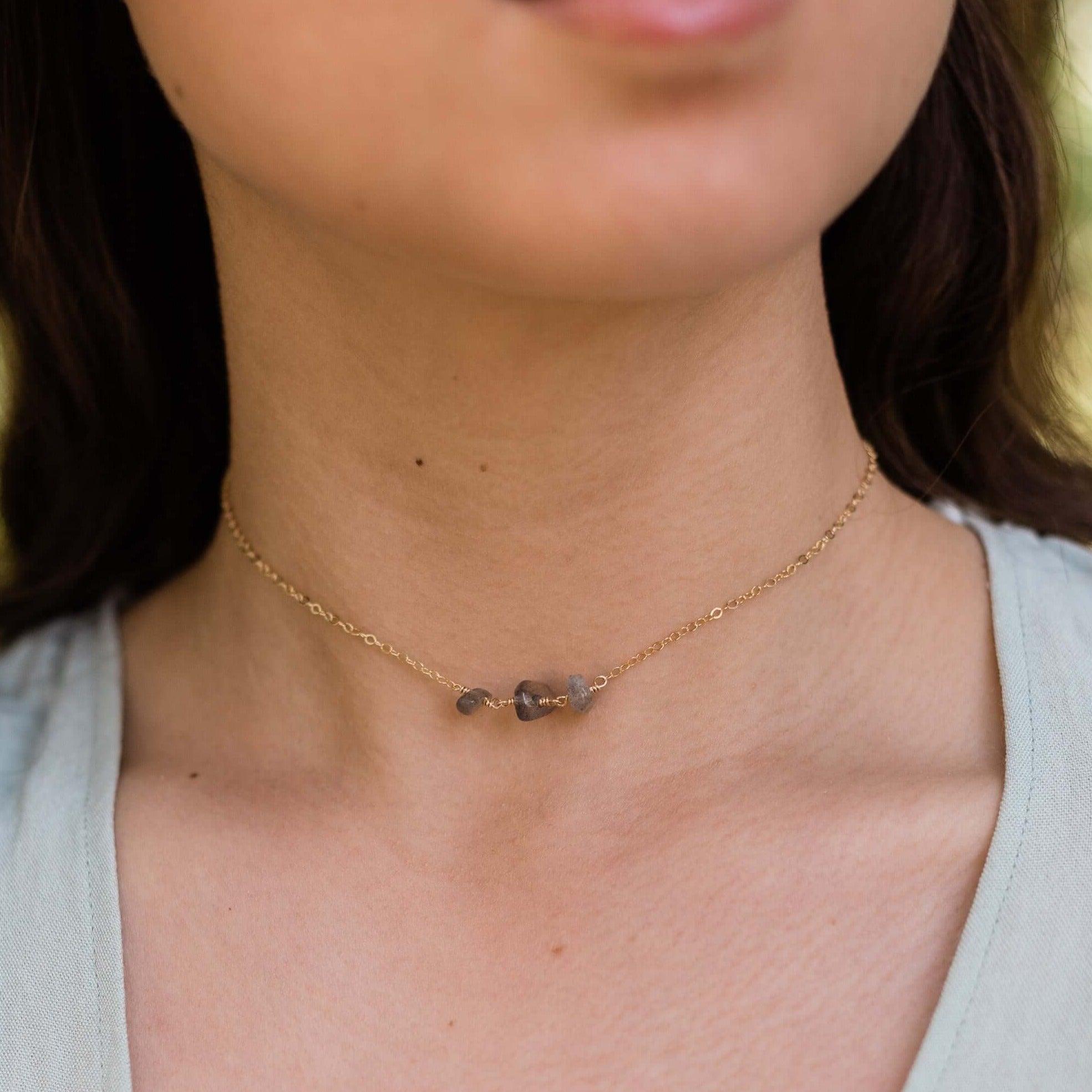 Labradorite Beaded Chain Choker Necklace - Labradorite Beaded Chain Choker Necklace - Sterling Silver - Luna Tide Handmade Crystal Jewellery