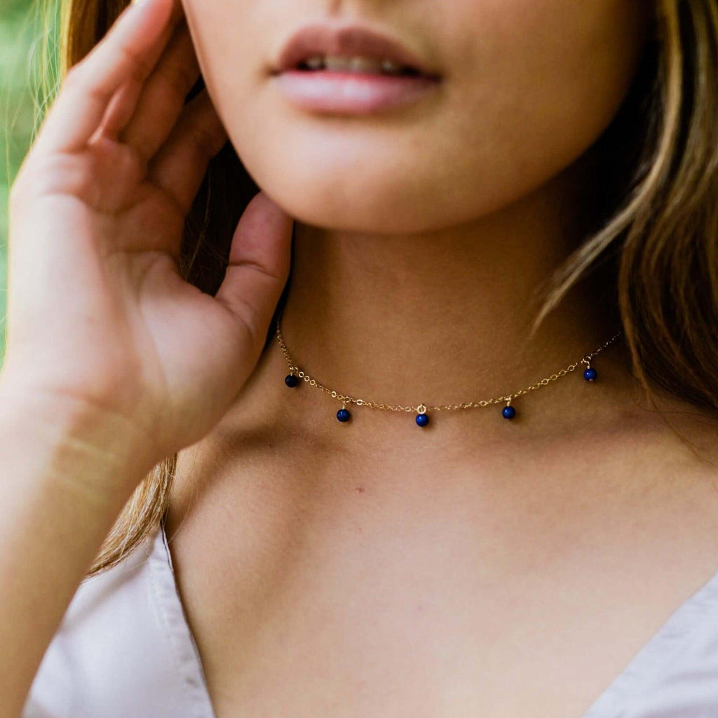 Lapis Lazuli Bead Drop Choker - Lapis Lazuli Bead Drop Choker - Sterling Silver - Luna Tide Handmade Crystal Jewellery