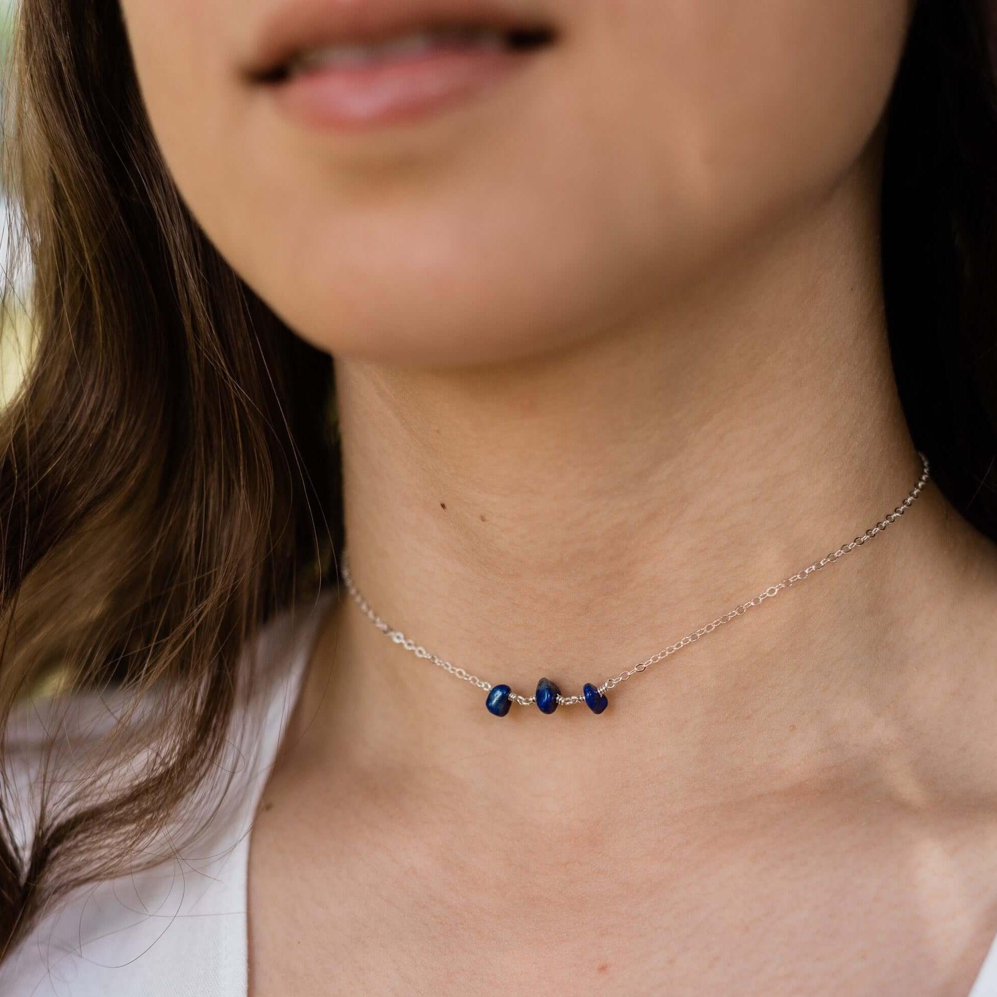 Lapis Lazuli Beaded Chain Choker Necklace - Lapis Lazuli Beaded Chain Choker Necklace - 14k Gold Fill - Luna Tide Handmade Crystal Jewellery