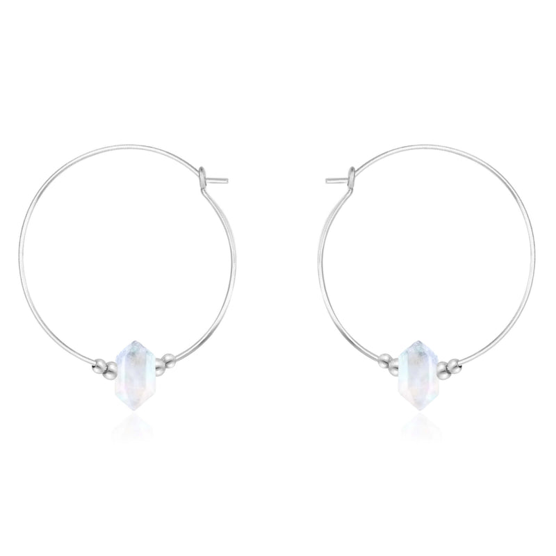 Large Double Terminated Crystal Hoop Earrings - Rainbow Moonstone - Sterling Silver - Luna Tide Handmade Jewellery