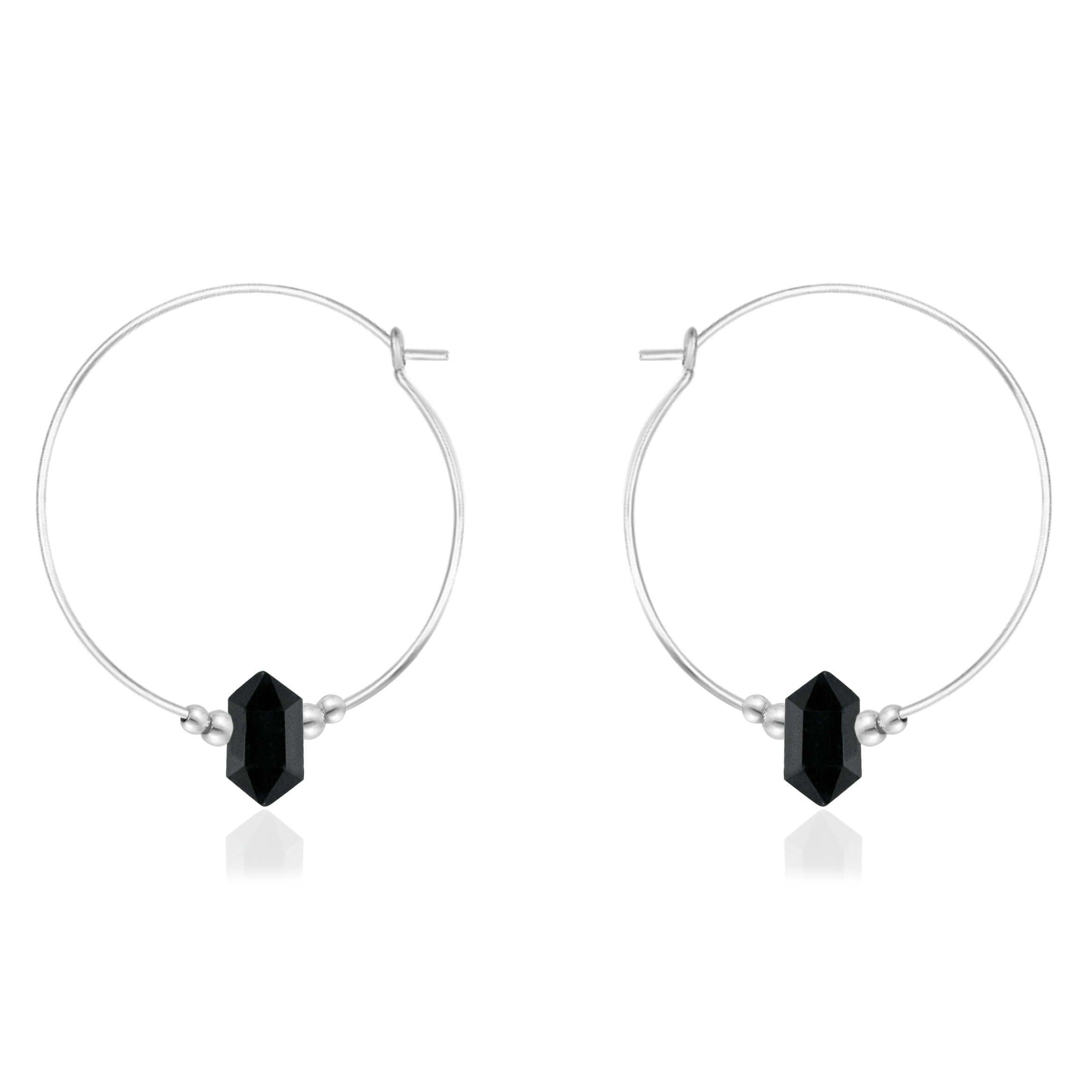 Large Hoop Black Tourmaline Double Terminated Crystal Point Earrings - Large Hoop Black Tourmaline Double Terminated Crystal Point Earrings - Sterling Silver - Luna Tide Handmade Crystal Jewellery